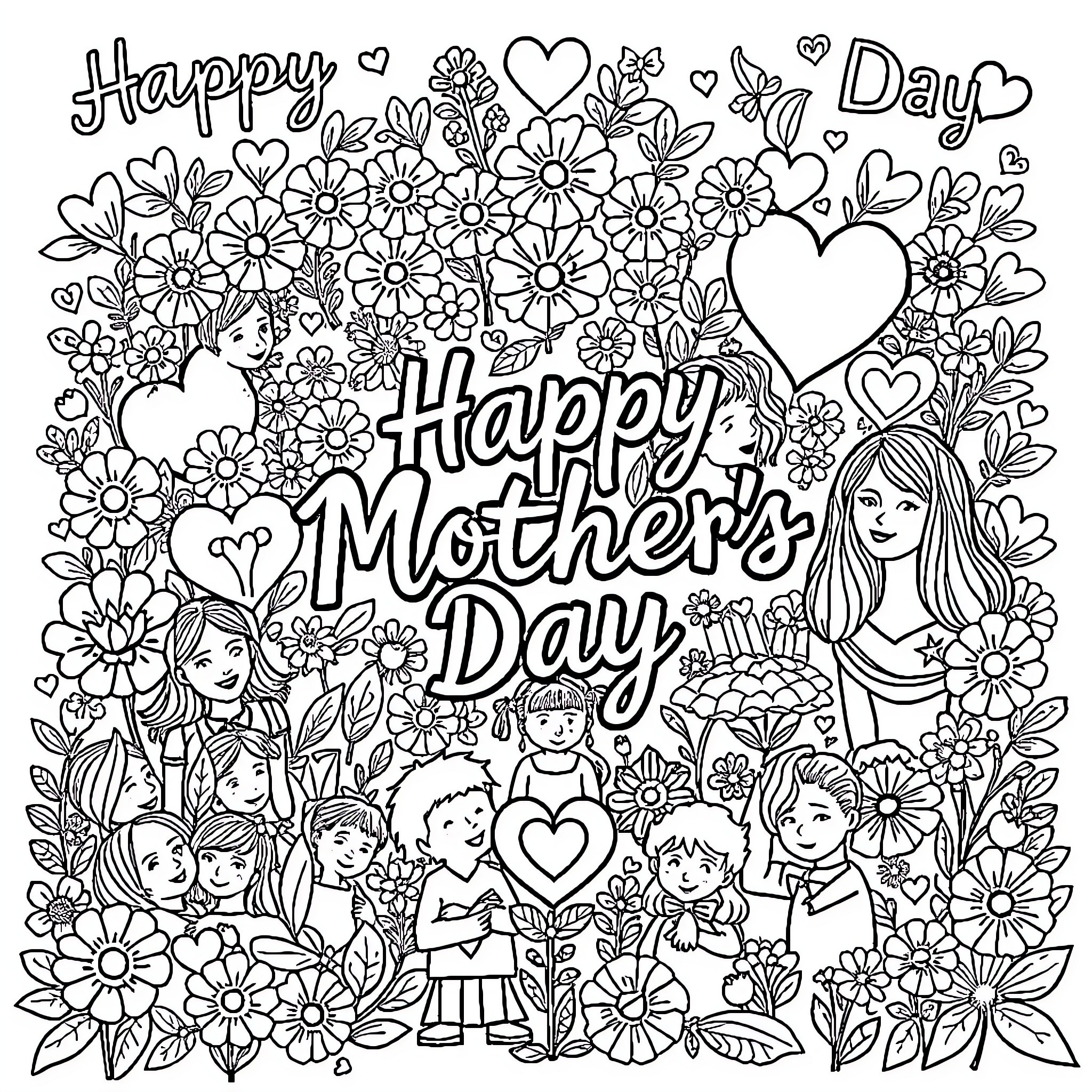 Mother's Day Celebration with Flowers and Family Coloring Page (free black-and-white line drawing printable PDF for all, from beginners to advanced learners, including children, teens, adults, and seniors)