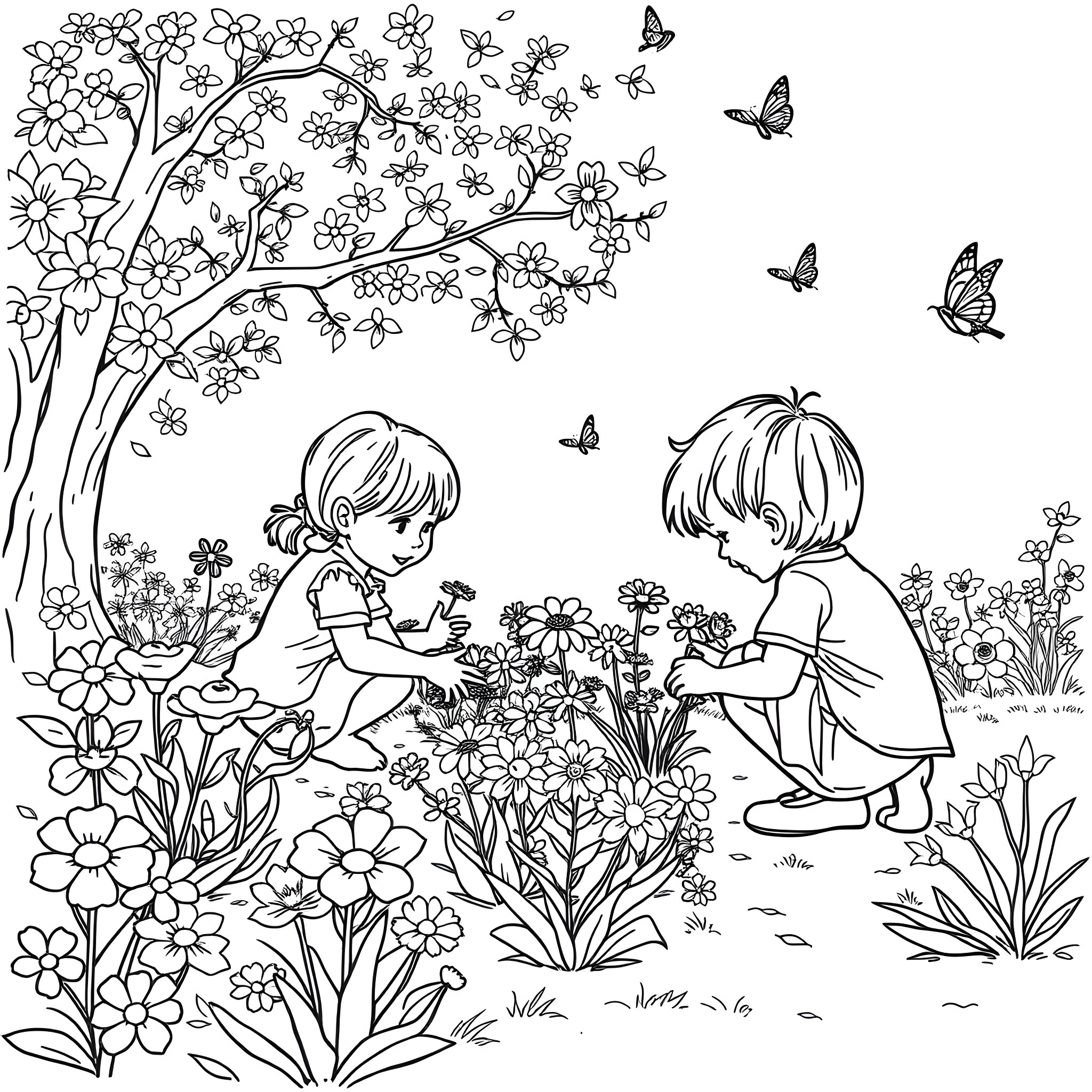 Children playing among spring flowers Coloring Page (free black-and-white line drawing printable PDF for all, from beginners to advanced learners, including children, teens, adults, and seniors)