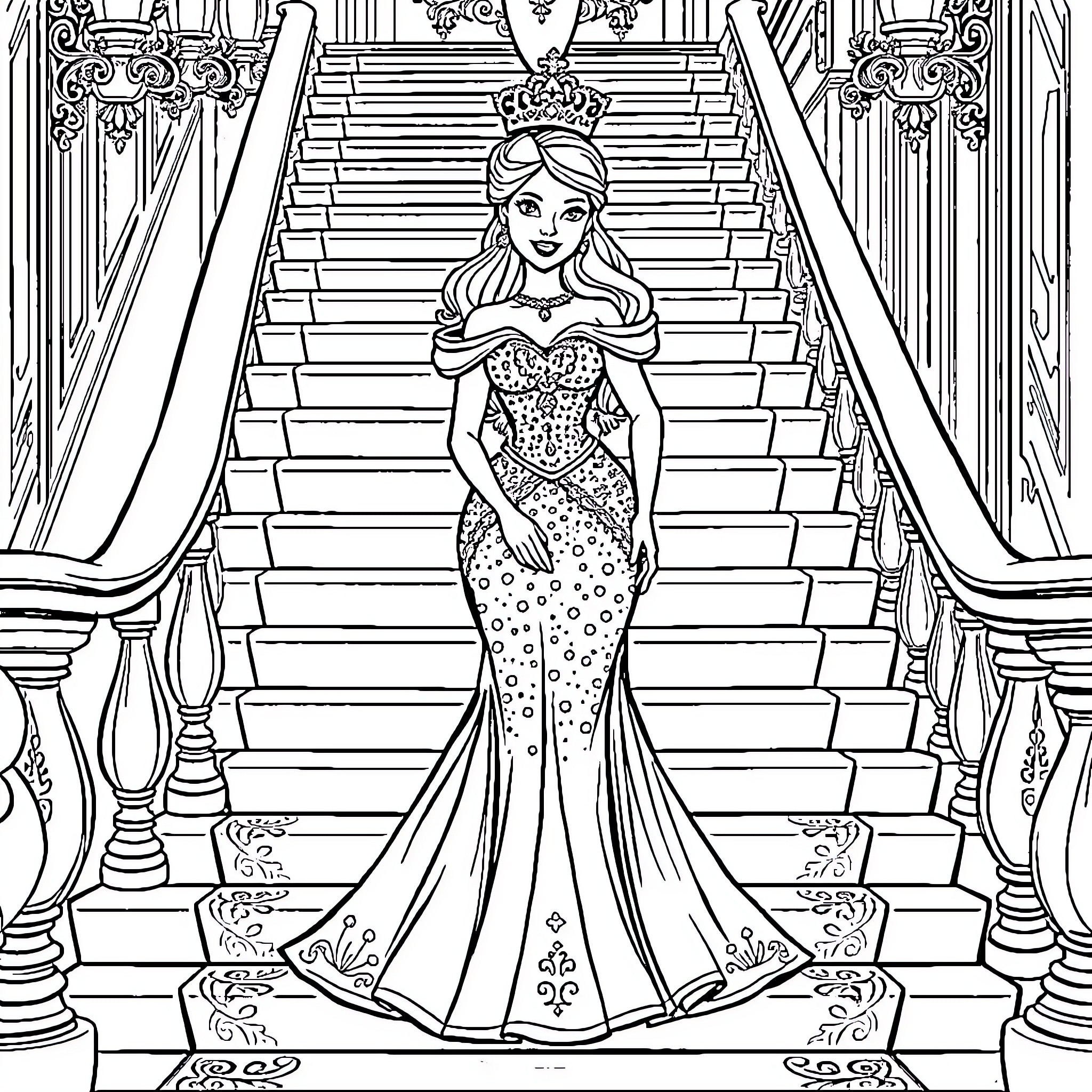 Princess in Elegant Gown on Ornate Staircase Coloring Page (free black-and-white line drawing printable PDF for all, from beginners to advanced learners, including children, teens, adults, and seniors)