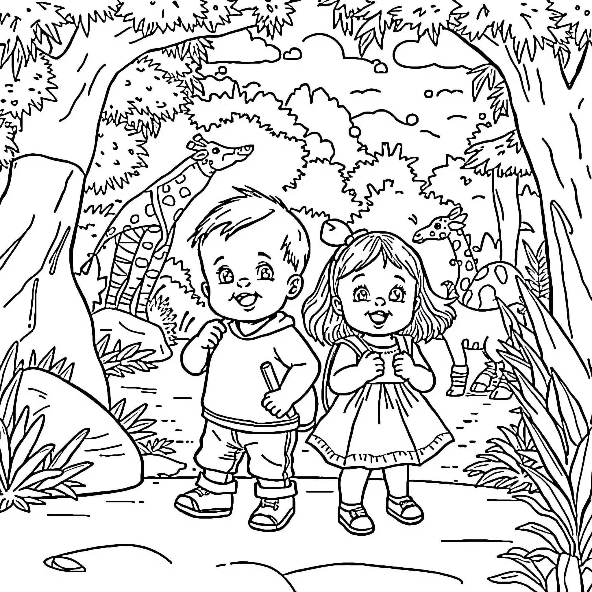 Baby siblings exploring the magical forest Coloring Page (free black-and-white line drawing printable PDF for all, from beginners to advanced learners, including children, teens, adults, and seniors)