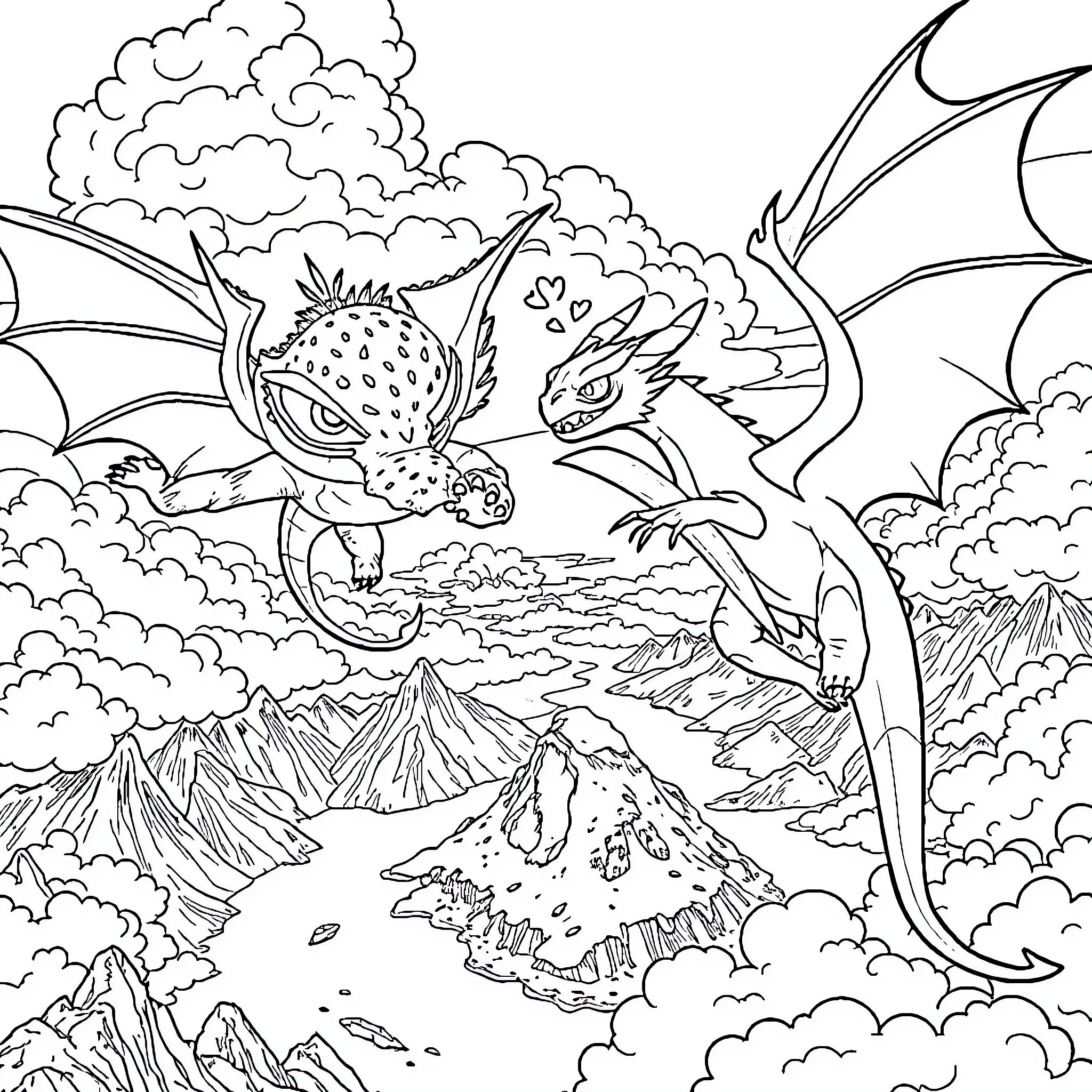 Toothless dragons soaring through the cloudy skies Coloring Page (free black-and-white line drawing printable PDF for all, from beginners to advanced learners, including children, teens, adults, and seniors)