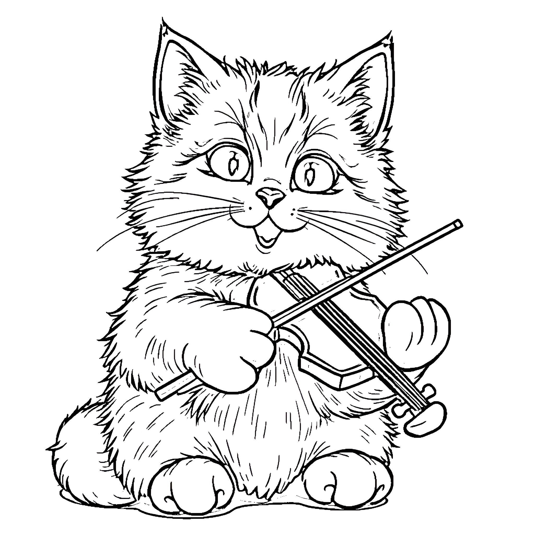 Cat playing with musical instrument Coloring Page (free black-and-white line drawing printable PDF for all, from beginners to advanced learners, including children, teens, adults, and seniors)