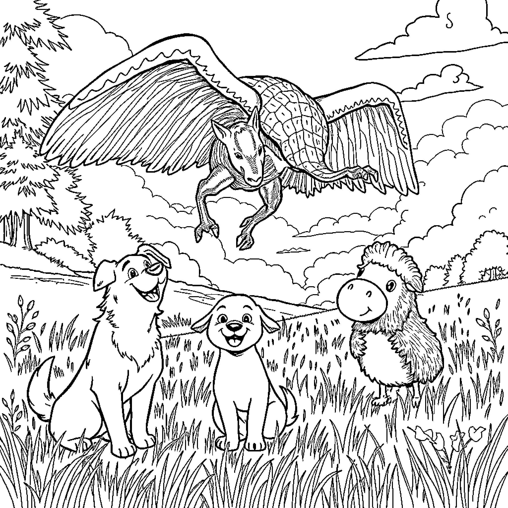 Dog friends in a magical forest Coloring Page (free black-and-white line drawing printable PDF for all, from beginners to advanced learners, including children, teens, adults, and seniors)