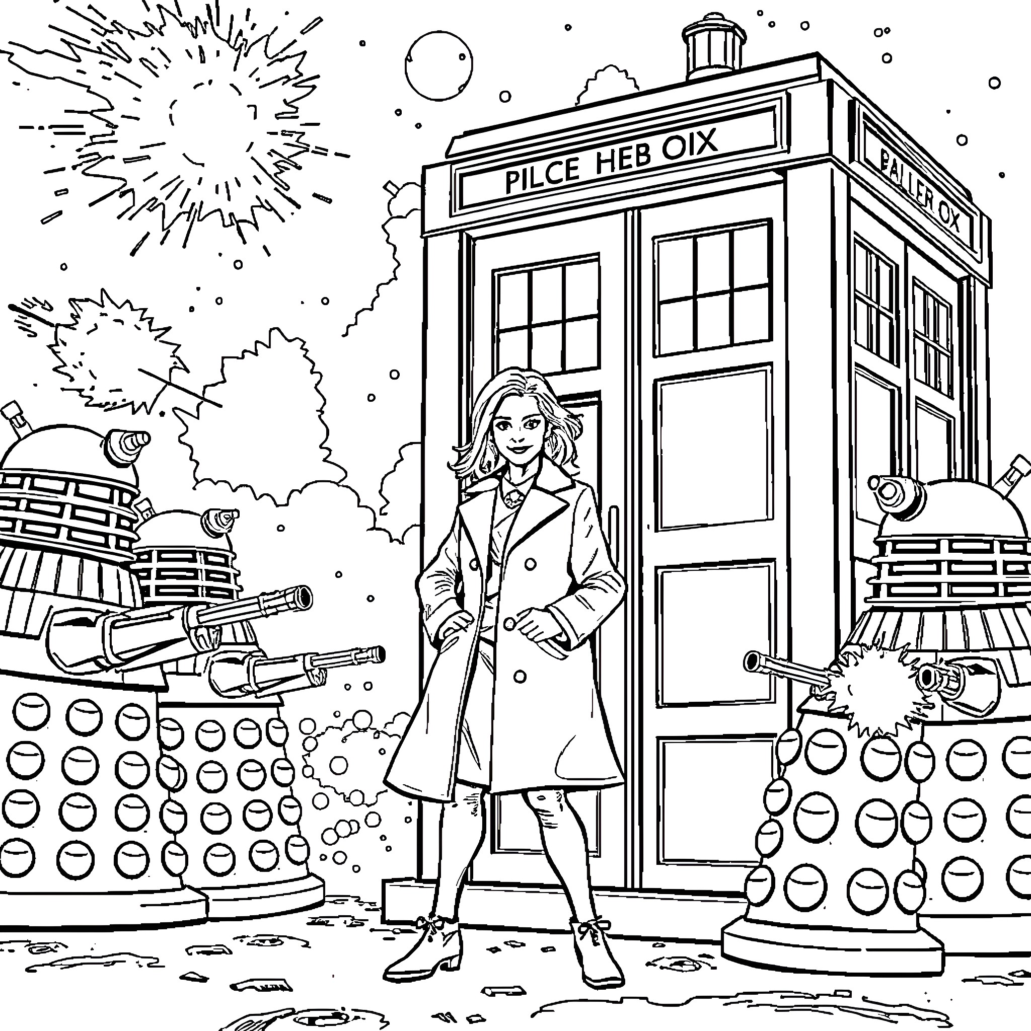 Doctor and Daleks in front of TARDIS Coloring Page (free black-and-white line drawing printable PDF for all, from beginners to advanced learners, including children, teens, adults, and seniors)