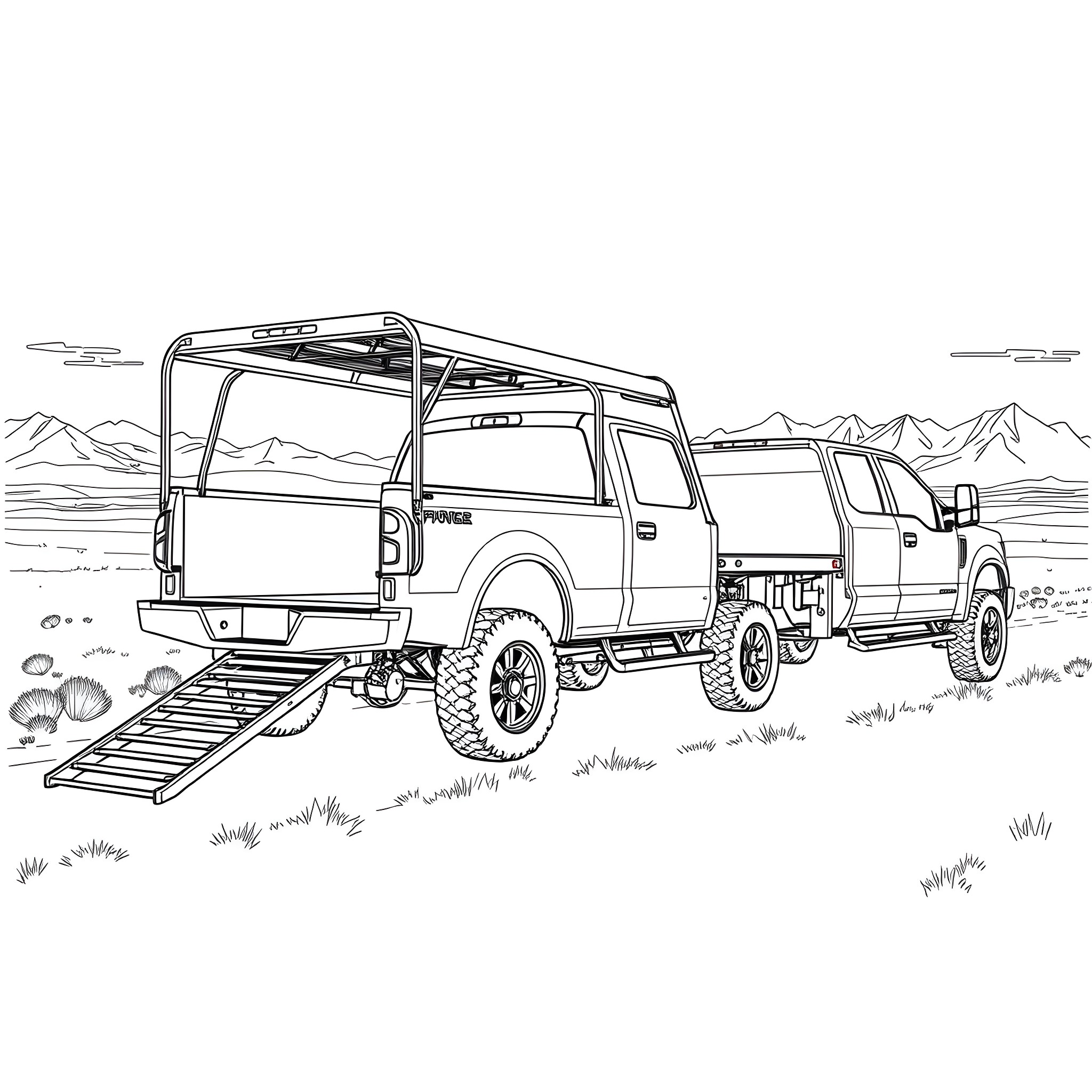 Gooseneck Trailer carrying vehicles in rugged terrain Coloring Page (free black-and-white line drawing printable PDF for all, from beginners to advanced learners, including children, teens, adults, and seniors)