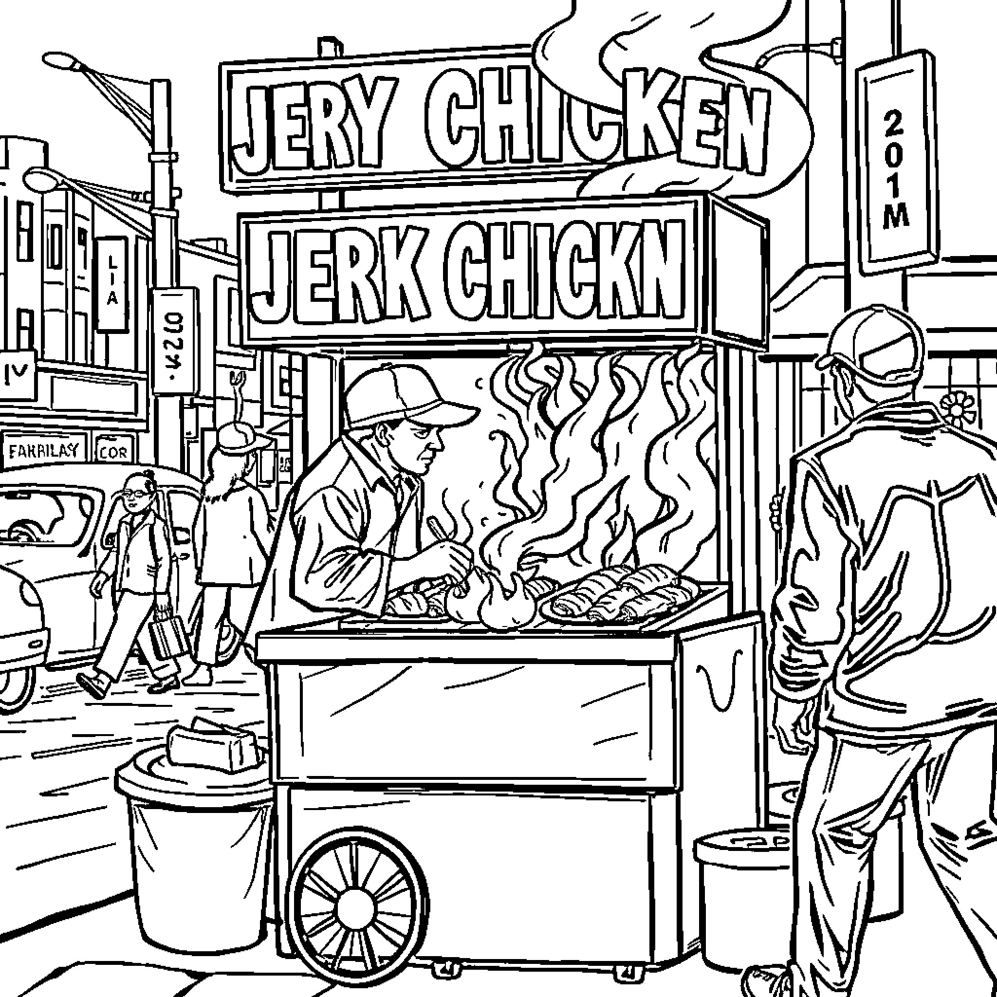 Chicken Street Vendor Grilling Chicken in the City Coloring Page (free black-and-white line drawing printable PDF for all, from beginners to advanced learners, including children, teens, adults, and seniors)