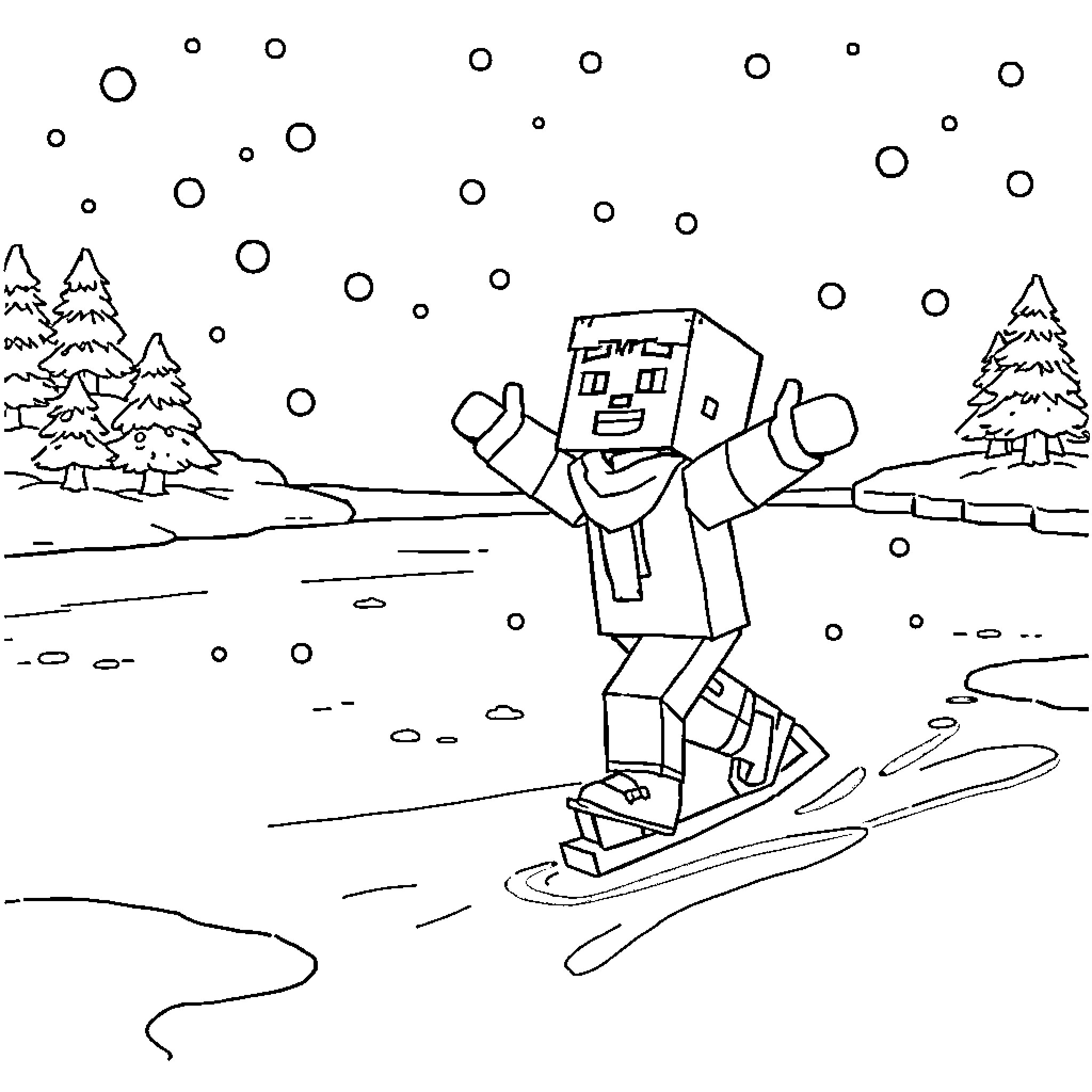 Minecraft Character Skiing Down Snowy Mountain Coloring Page (free black-and-white line drawing printable PDF for all, from beginners to advanced learners, including children, teens, adults, and seniors)