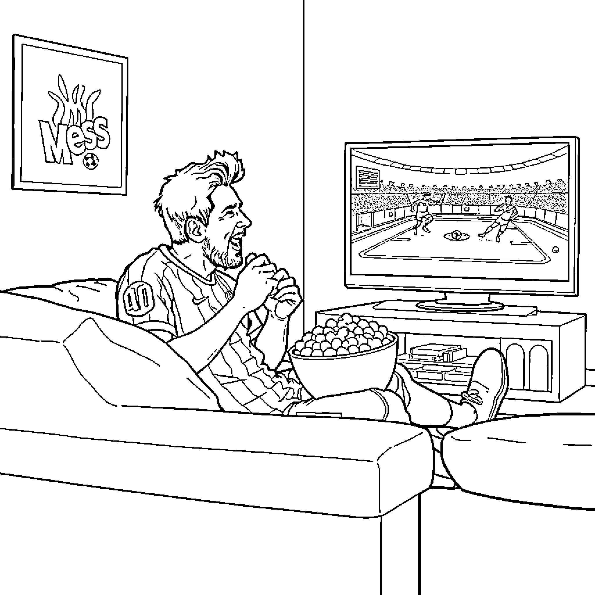 Messi relaxing and watching soccer match on TV Coloring Page (free black-and-white line drawing printable PDF for all, from beginners to advanced learners, including children, teens, adults, and seniors)