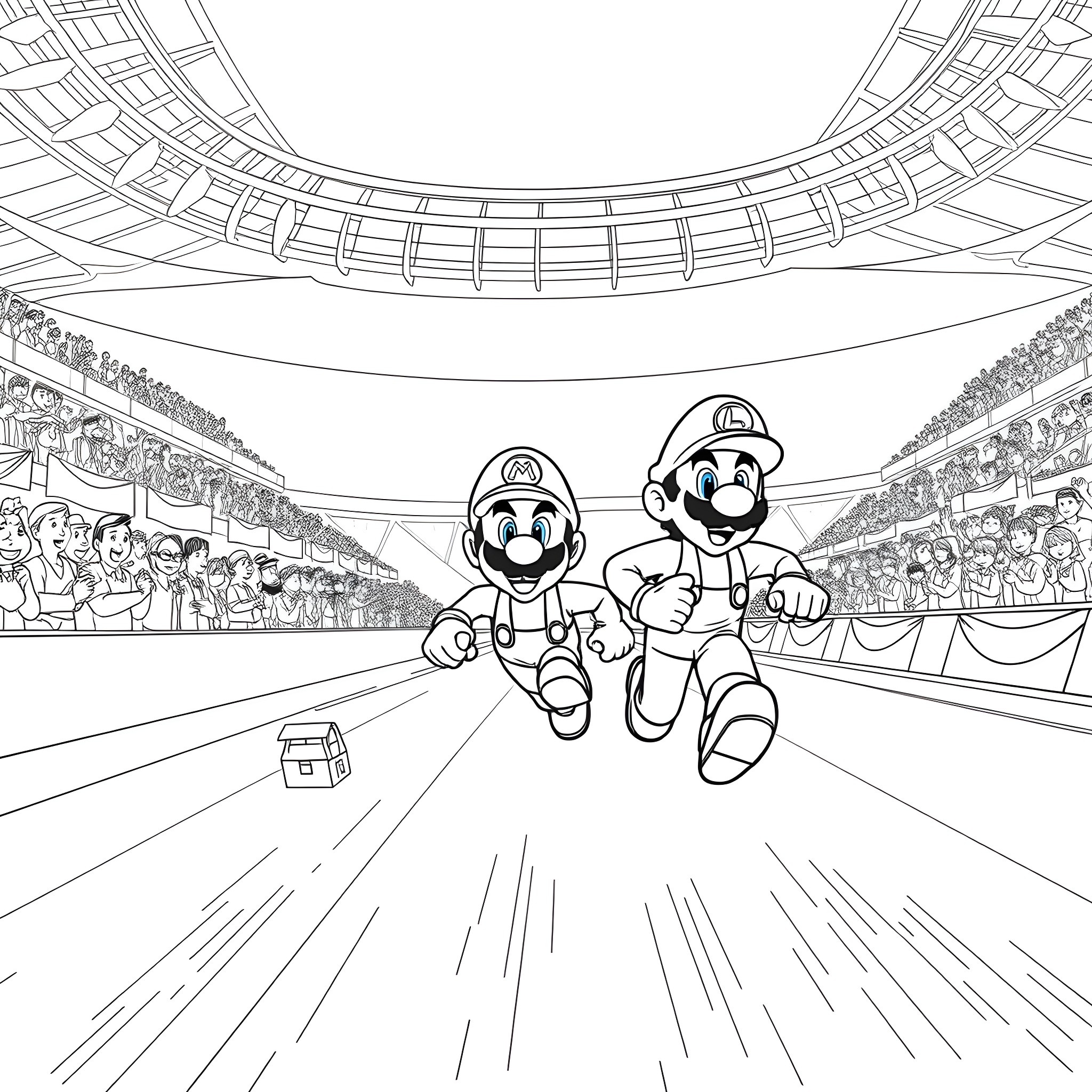 Mario Brothers Competing in Grand Race Coloring Page (free black-and-white line drawing printable PDF for all, from beginners to advanced learners, including children, teens, adults, and seniors)