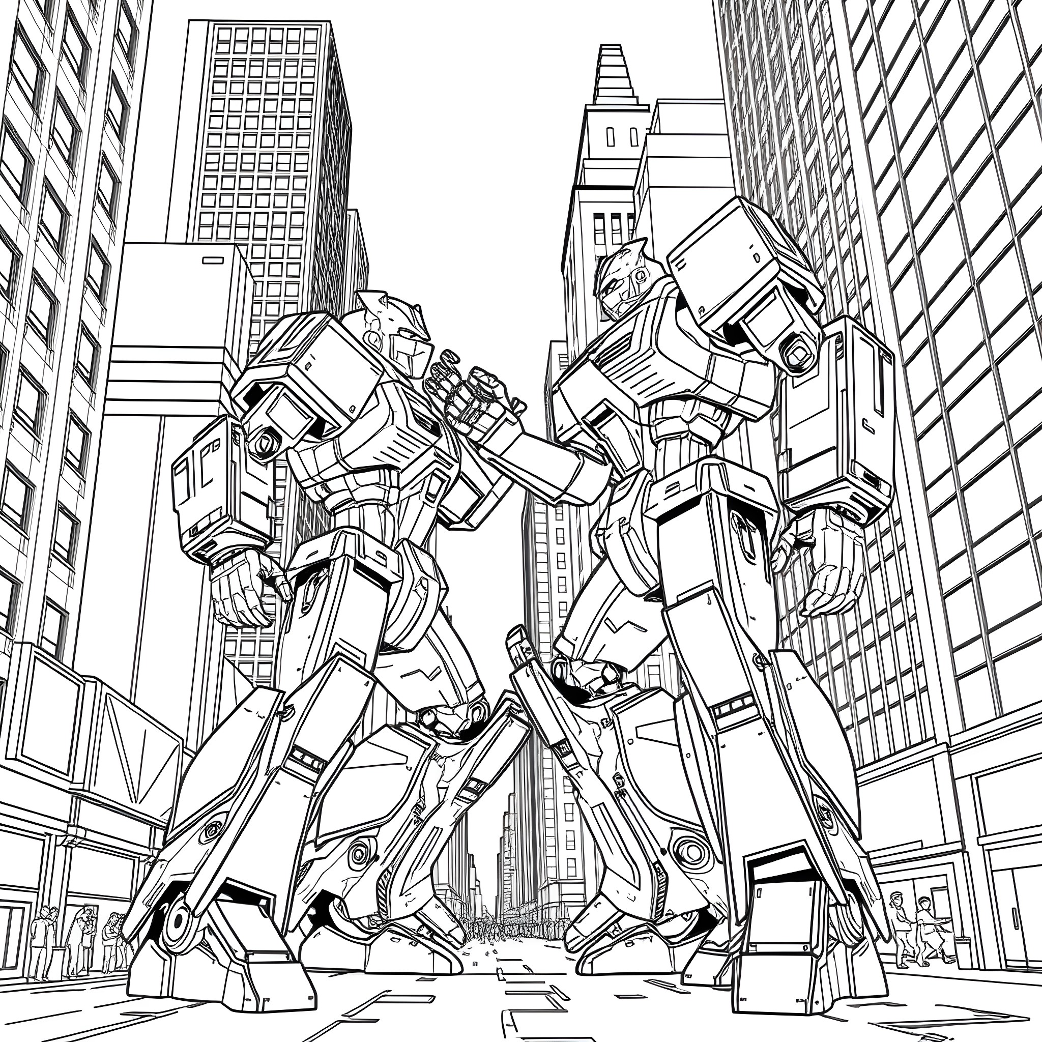 Transformer Robots in a Futuristic City Coloring Page (free black-and-white line drawing printable PDF for all, from beginners to advanced learners, including children, teens, adults, and seniors)