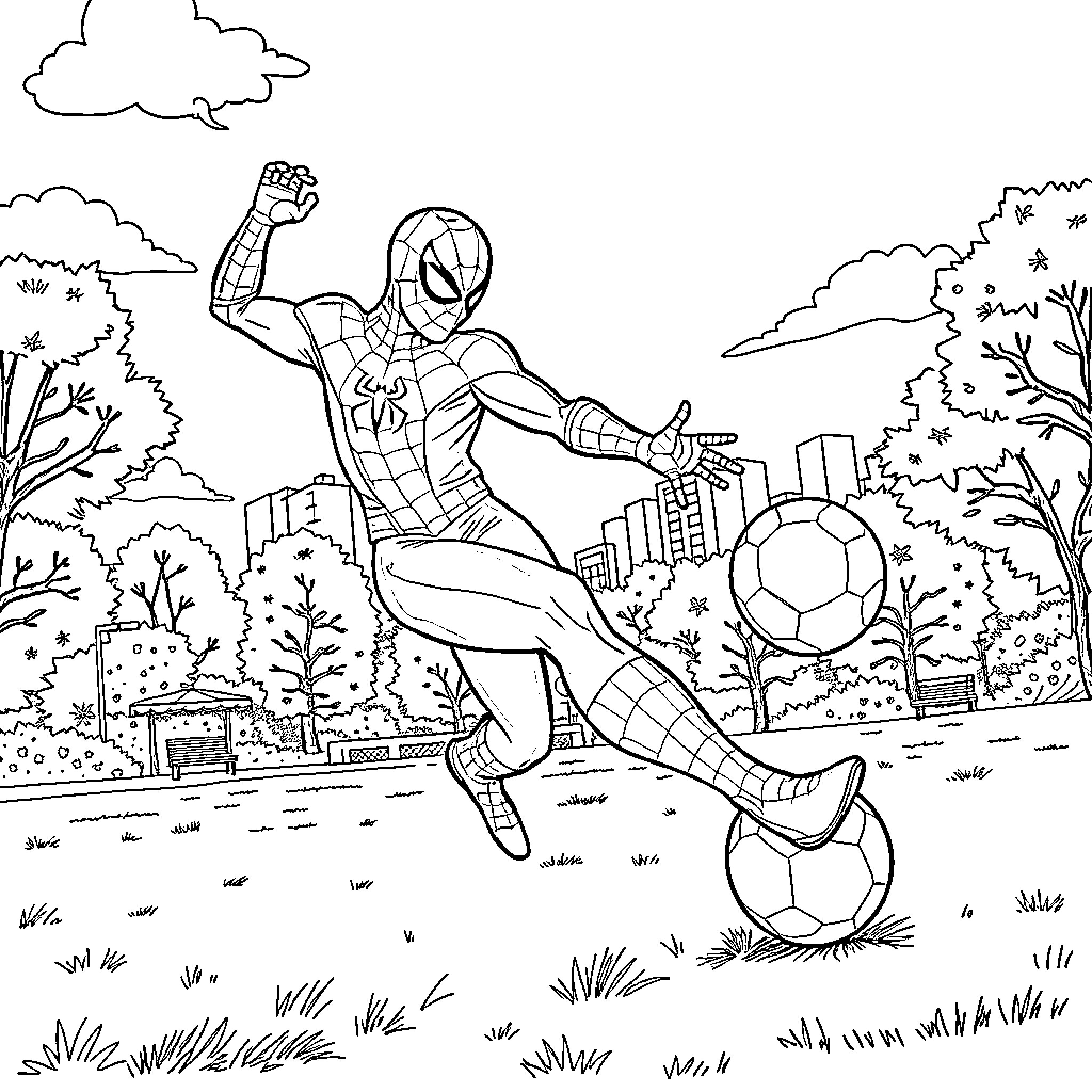 Spiderman playing soccer in the park Coloring Page (free black-and-white line drawing printable PDF for all, from beginners to advanced learners, including children, teens, adults, and seniors)