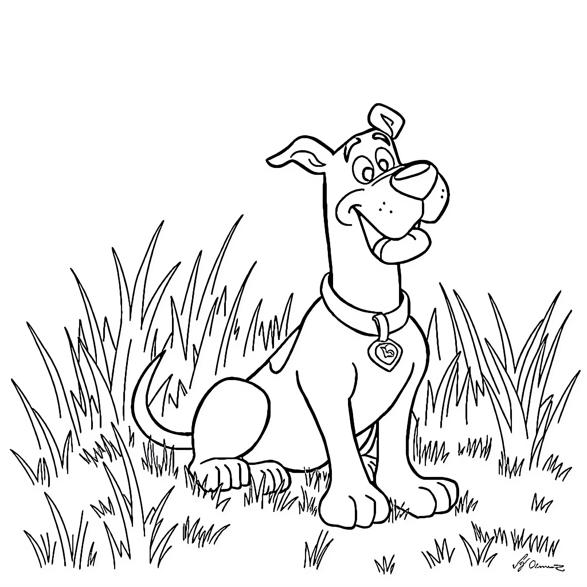 Scooby Doo playing happily in the grass Coloring Page (free black-and-white line drawing printable PDF for all, from beginners to advanced learners, including children, teens, adults, and seniors)