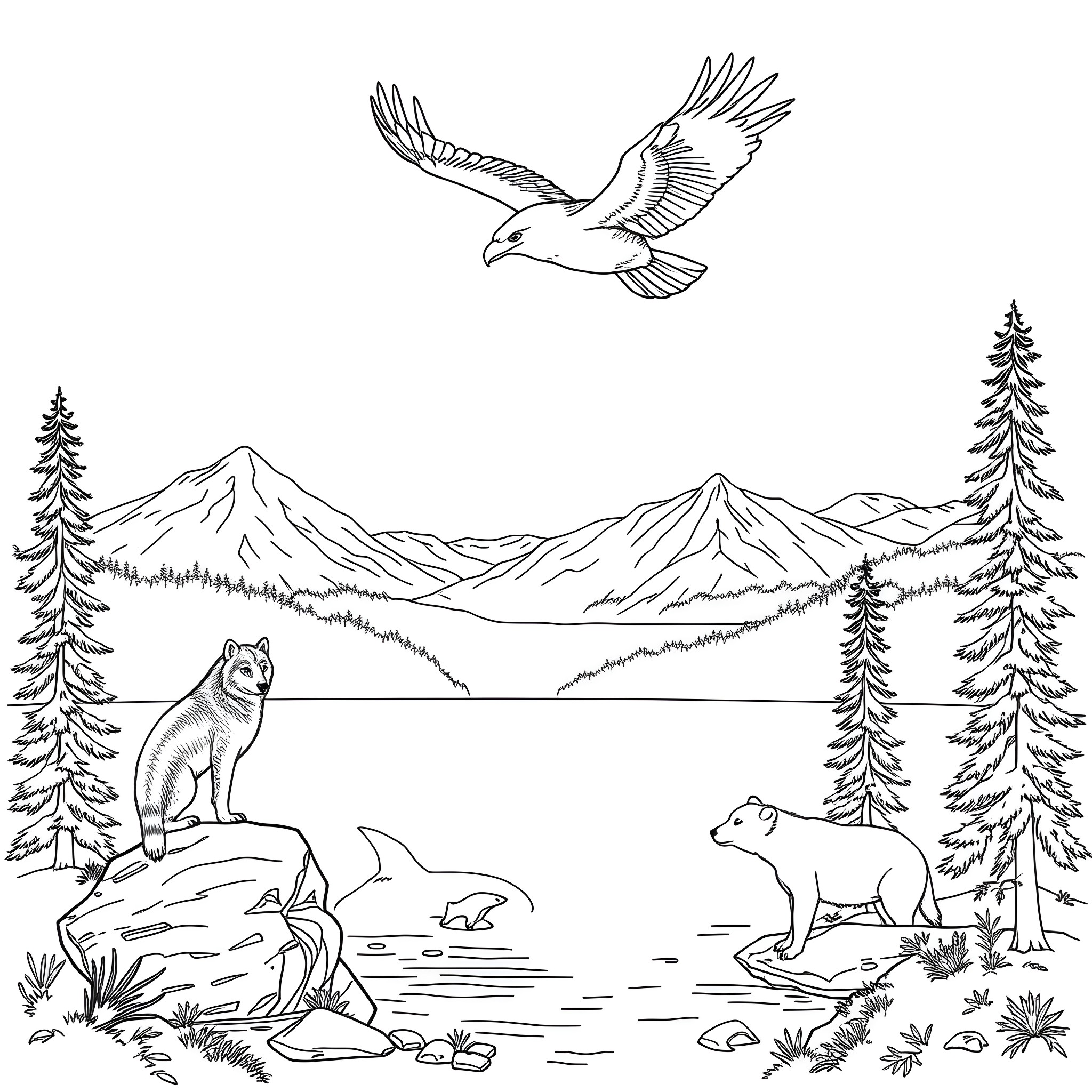 Eagle soaring over mountain landscape with bears Coloring Page (free black-and-white line drawing printable PDF for all, from beginners to advanced learners, including children, teens, adults, and seniors)