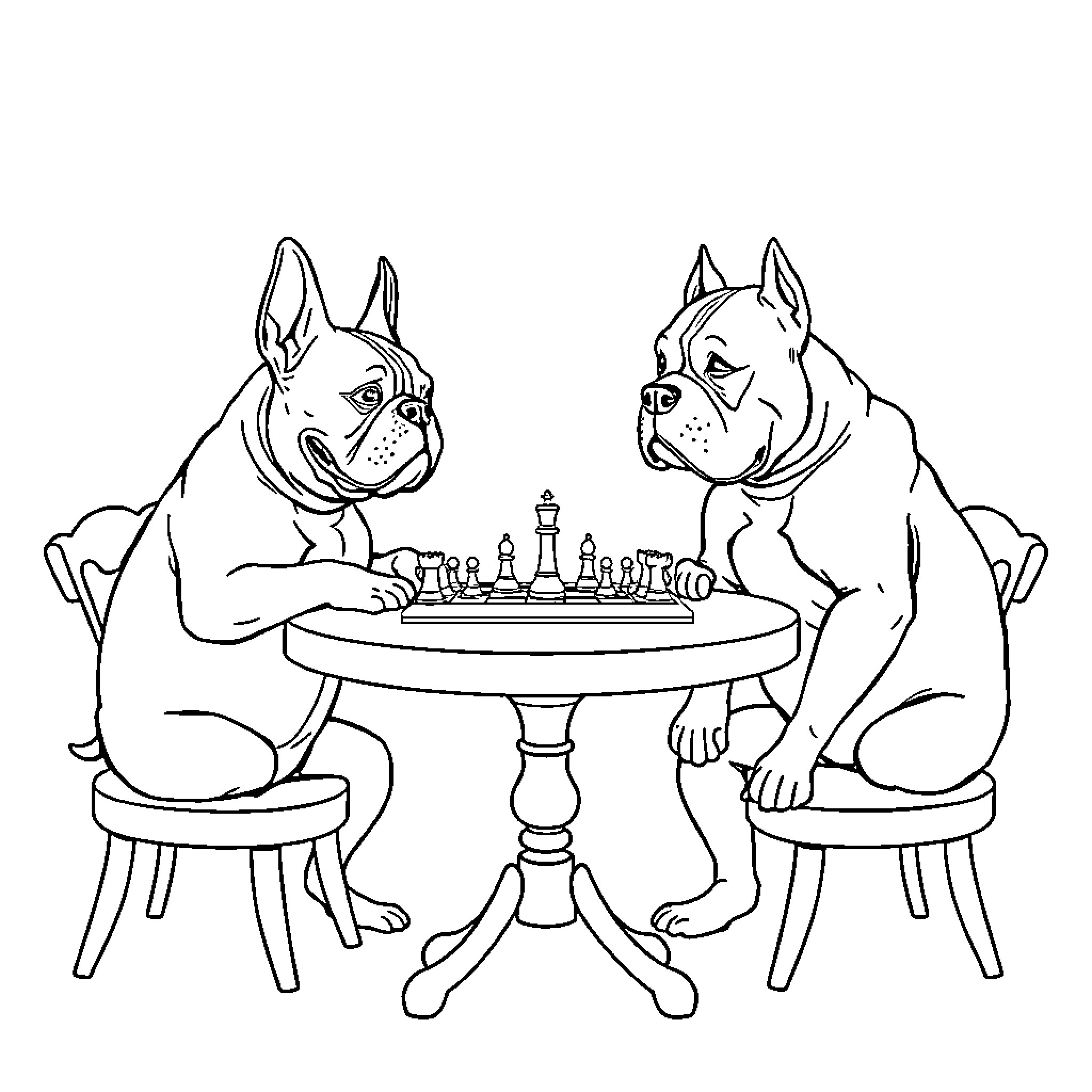 Dogs playing a game of chess Coloring Page (free black-and-white line drawing printable PDF for all, from beginners to advanced learners, including children, teens, adults, and seniors)