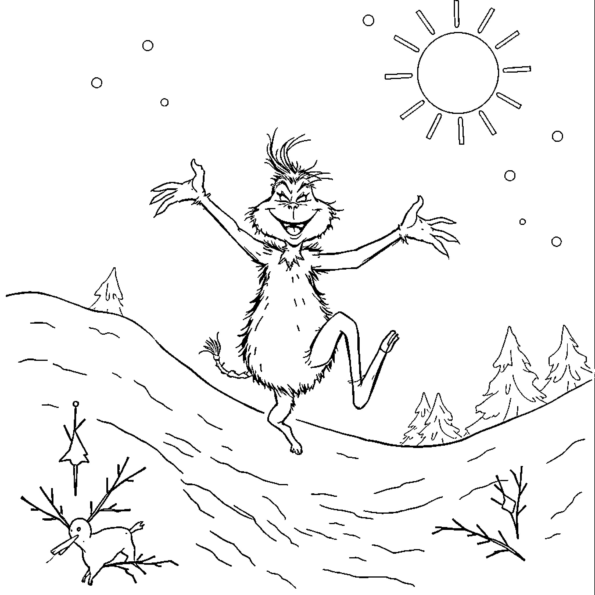 Grinch's Joyful Leap in the Snowy Landscape Coloring Page (free black-and-white line drawing printable PDF for all, from beginners to advanced learners, including children, teens, adults, and seniors)