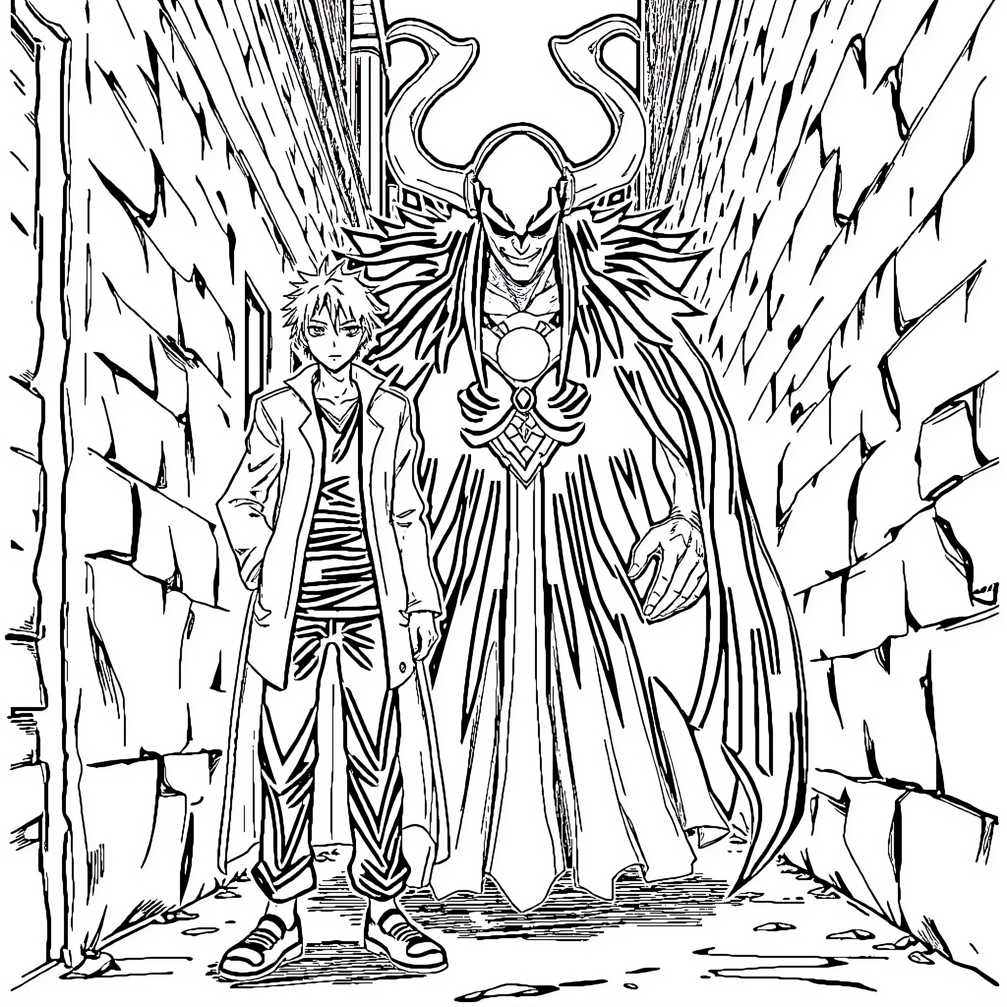 Ichigo Kurosaki and Powerful Antagonist in Dramatic Encounter Coloring Page (free black-and-white line drawing printable PDF for all, from beginners to advanced learners, including children, teens, adults, and seniors)