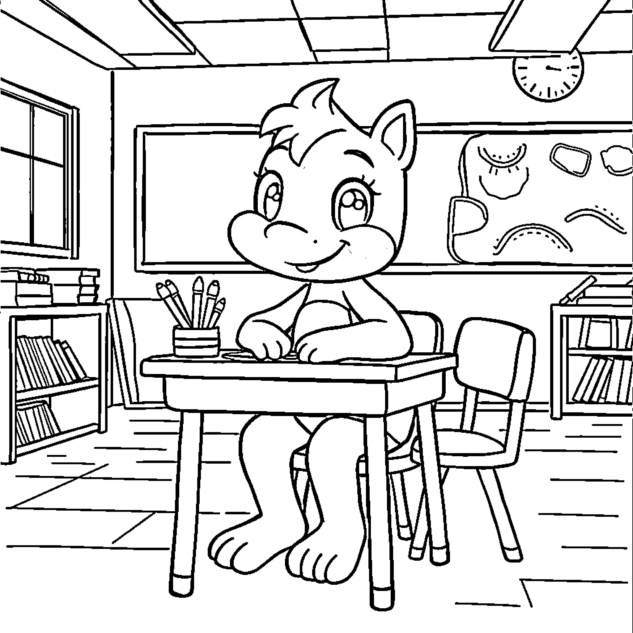 Bluey studying attentively in the classroom Coloring Page (free black-and-white line drawing printable PDF for all, from beginners to advanced learners, including children, teens, adults, and seniors)