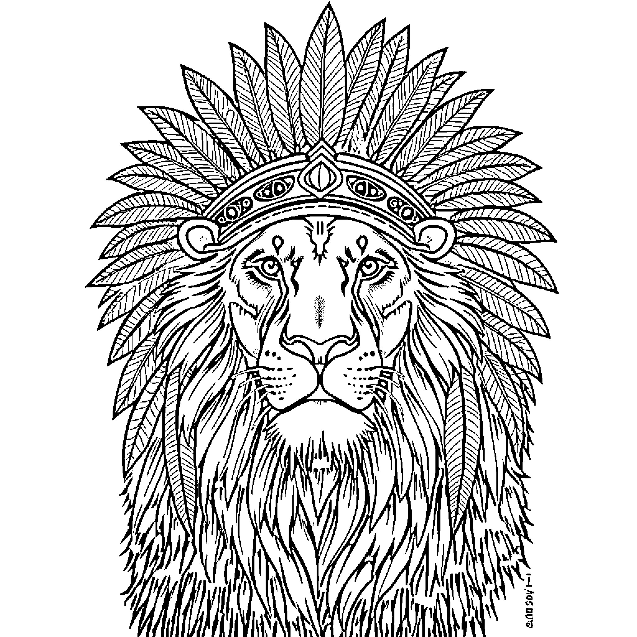 Lion in ornate feathered headdress Coloring Page (free black-and-white line drawing printable PDF for all, from beginners to advanced learners, including children, teens, adults, and seniors)