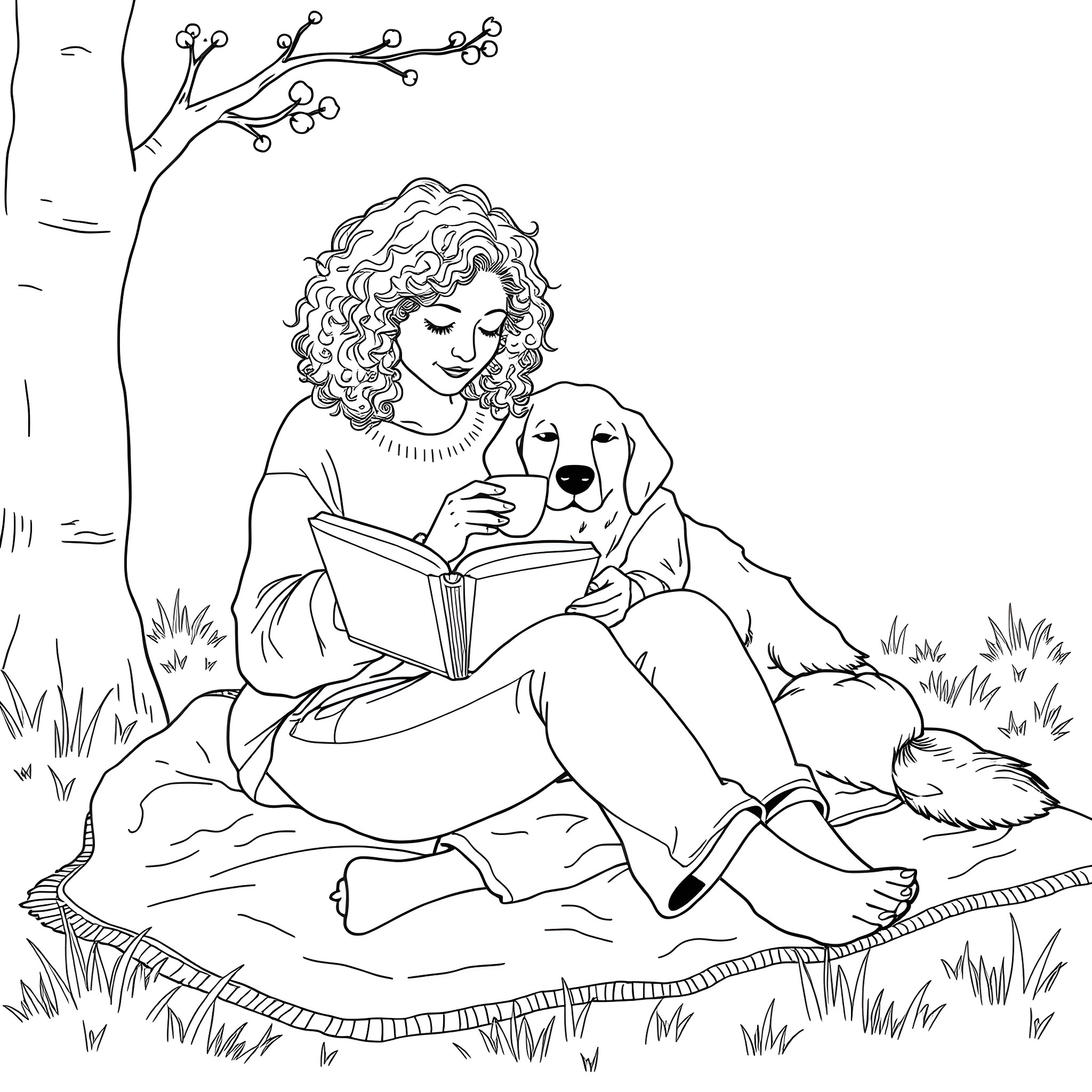 Mother reading a book with her dog in nature Coloring Page (free black-and-white line drawing printable PDF for all, from beginners to advanced learners, including children, teens, adults, and seniors)