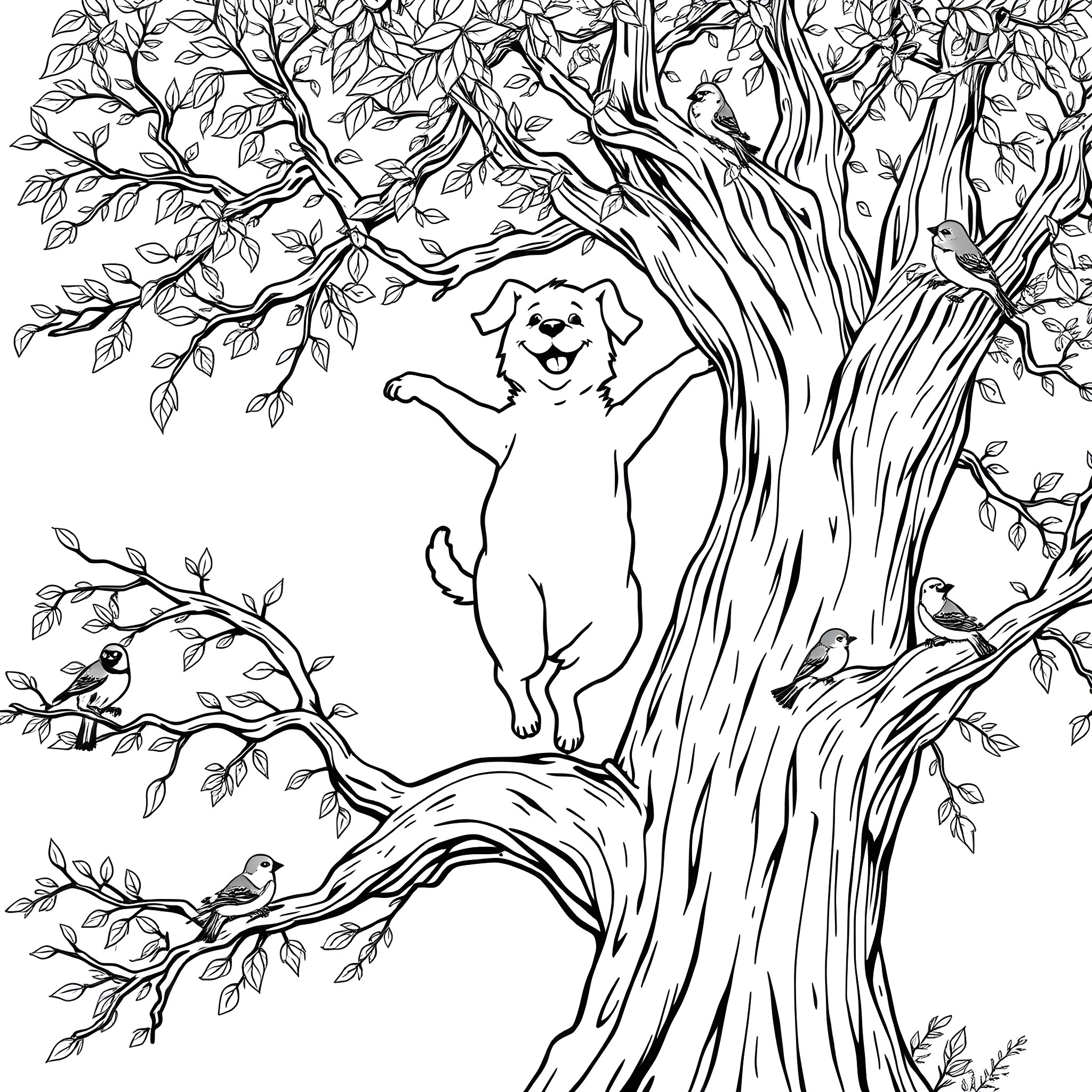 Dog happily climbing a tree surrounded by birds Coloring Page (free black-and-white line drawing printable PDF for all, from beginners to advanced learners, including children, teens, adults, and seniors)