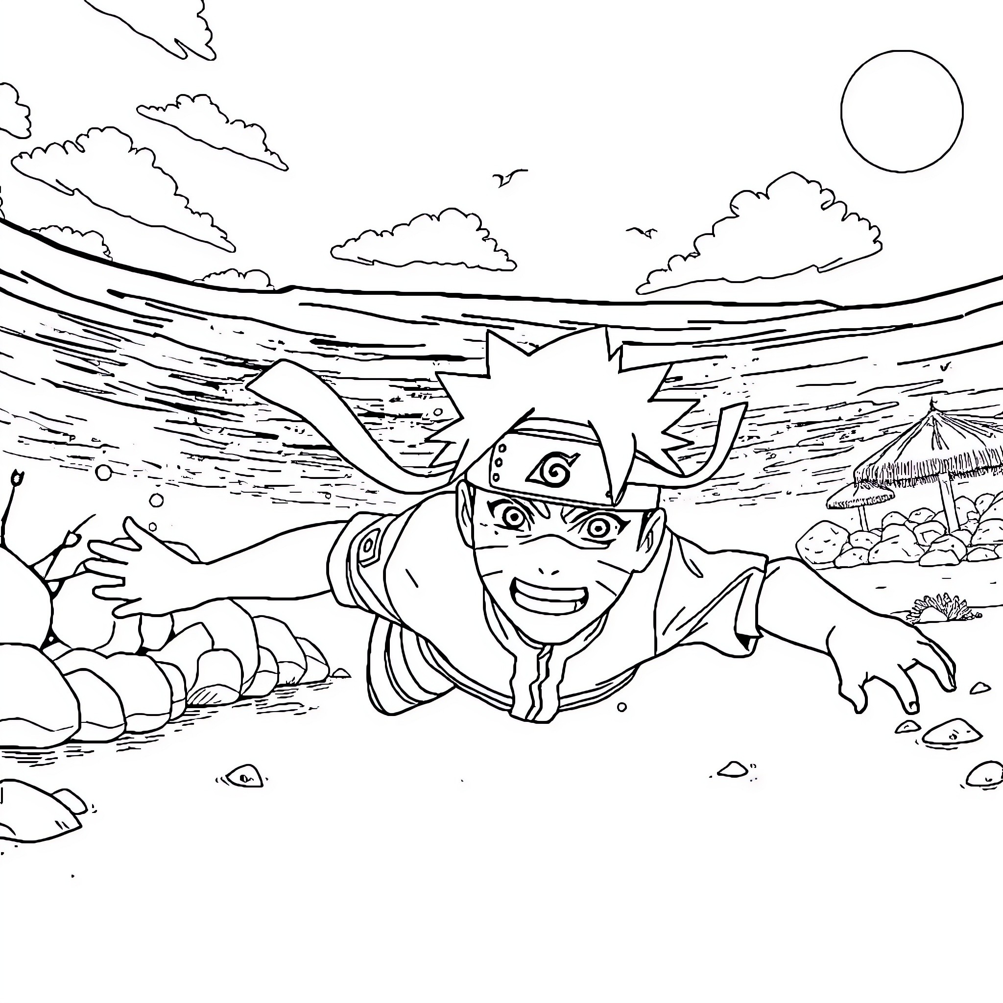 Naruto rushing through the waves with determination Coloring Page (free black-and-white line drawing printable PDF for all, from beginners to advanced learners, including children, teens, adults, and seniors)