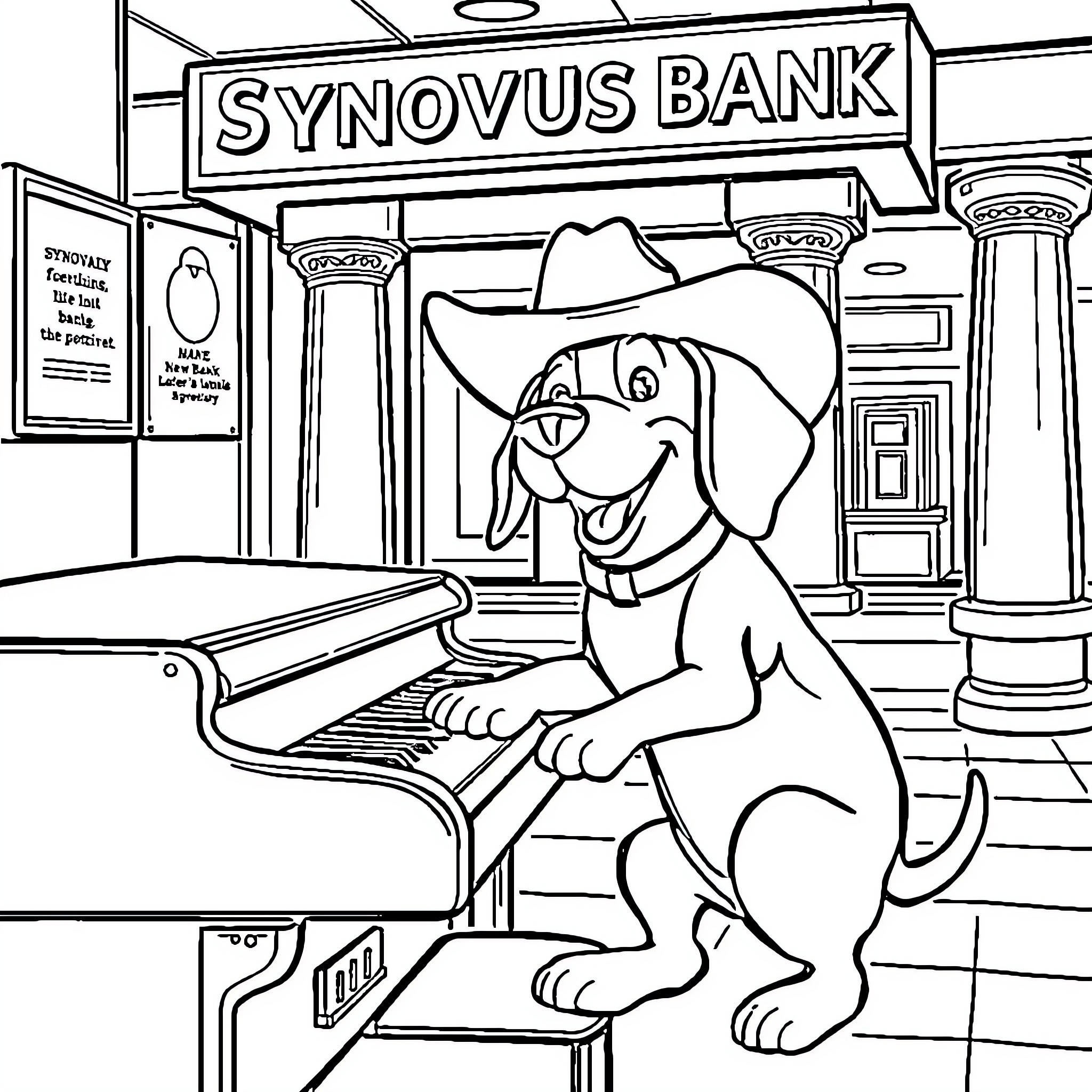 Beagle banking at Synovus Bank Coloring Page (free black-and-white line drawing printable PDF for all, from beginners to advanced learners, including children, teens, adults, and seniors)