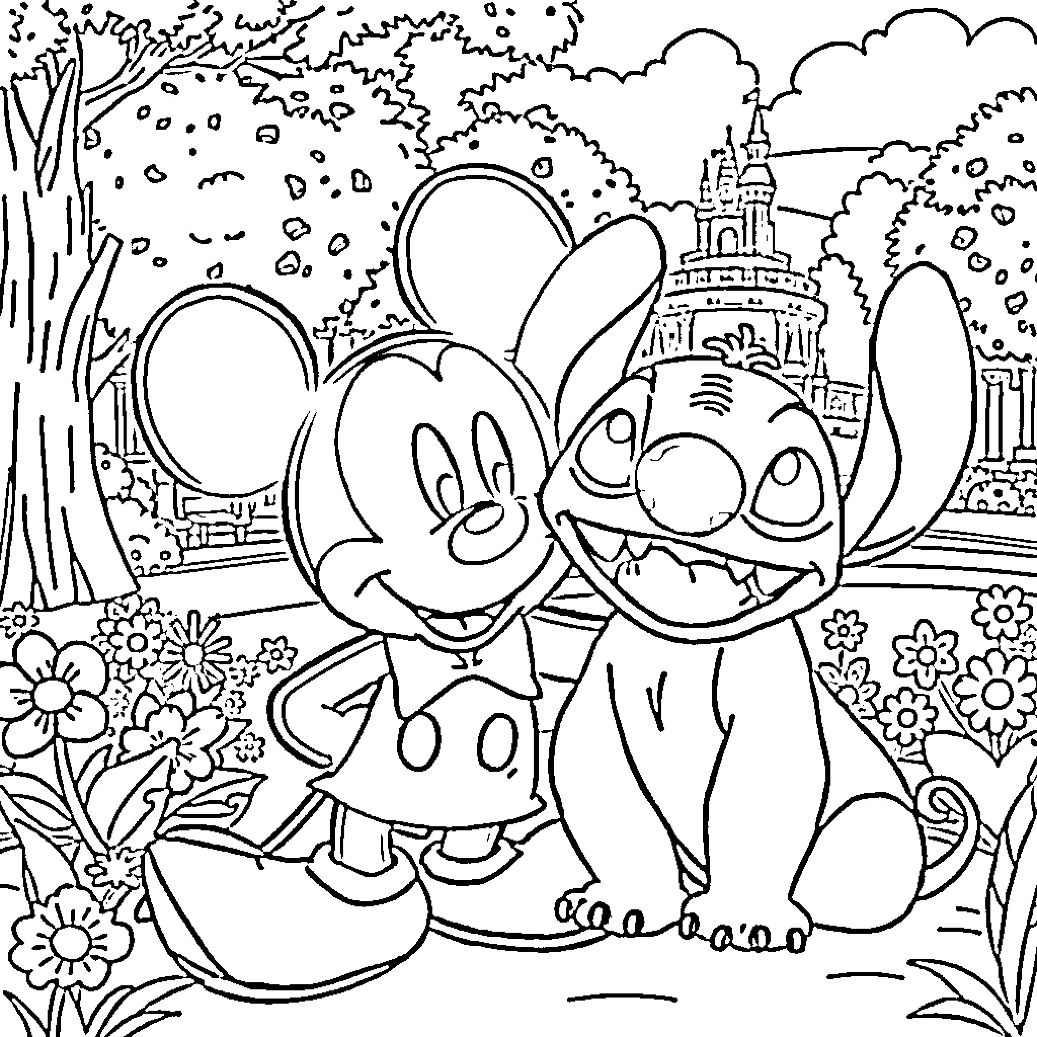 Mickey Mouse and Pluto Explore Magical Castle Grounds Coloring Page (free black-and-white line drawing printable PDF for all, from beginners to advanced learners, including children, teens, adults, and seniors)