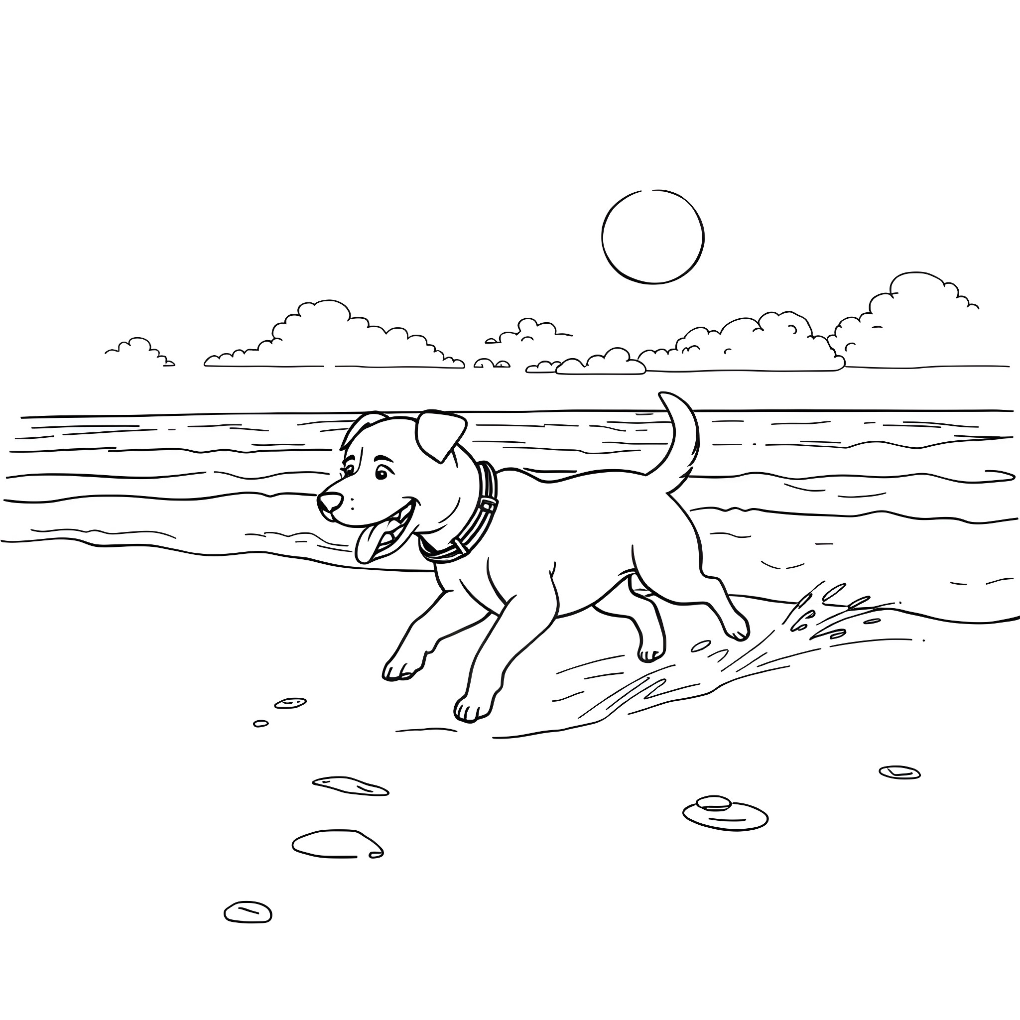 Dog running playfully on the beach Coloring Page (free black-and-white line drawing printable PDF for all, from beginners to advanced learners, including children, teens, adults, and seniors)