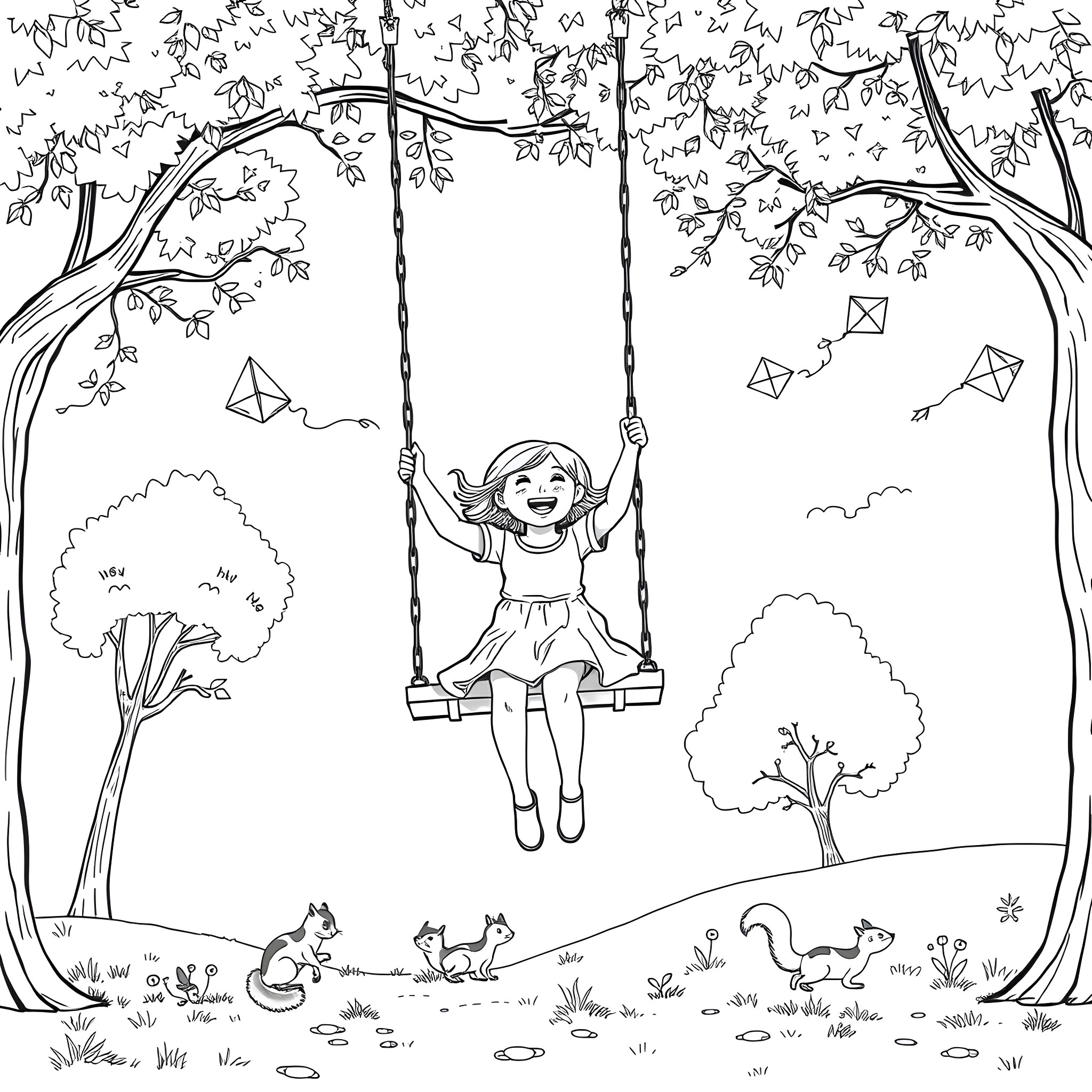 Girl enjoying swing in enchanting forest Coloring Page (free black-and-white line drawing printable PDF for all, from beginners to advanced learners, including children, teens, adults, and seniors)