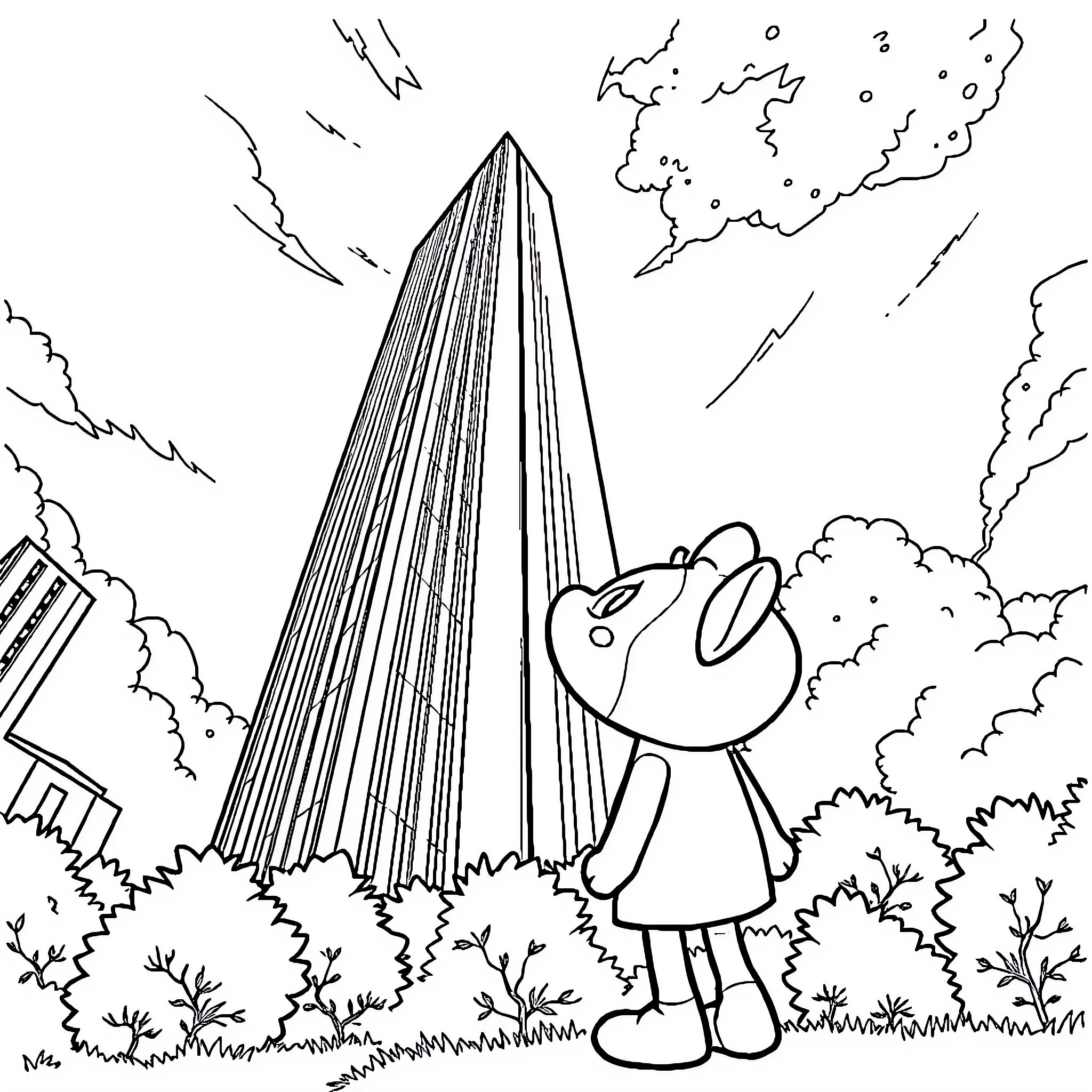 Bassie exploring the towering structure Coloring Page (free black-and-white line drawing printable PDF for all, from beginners to advanced learners, including children, teens, adults, and seniors)