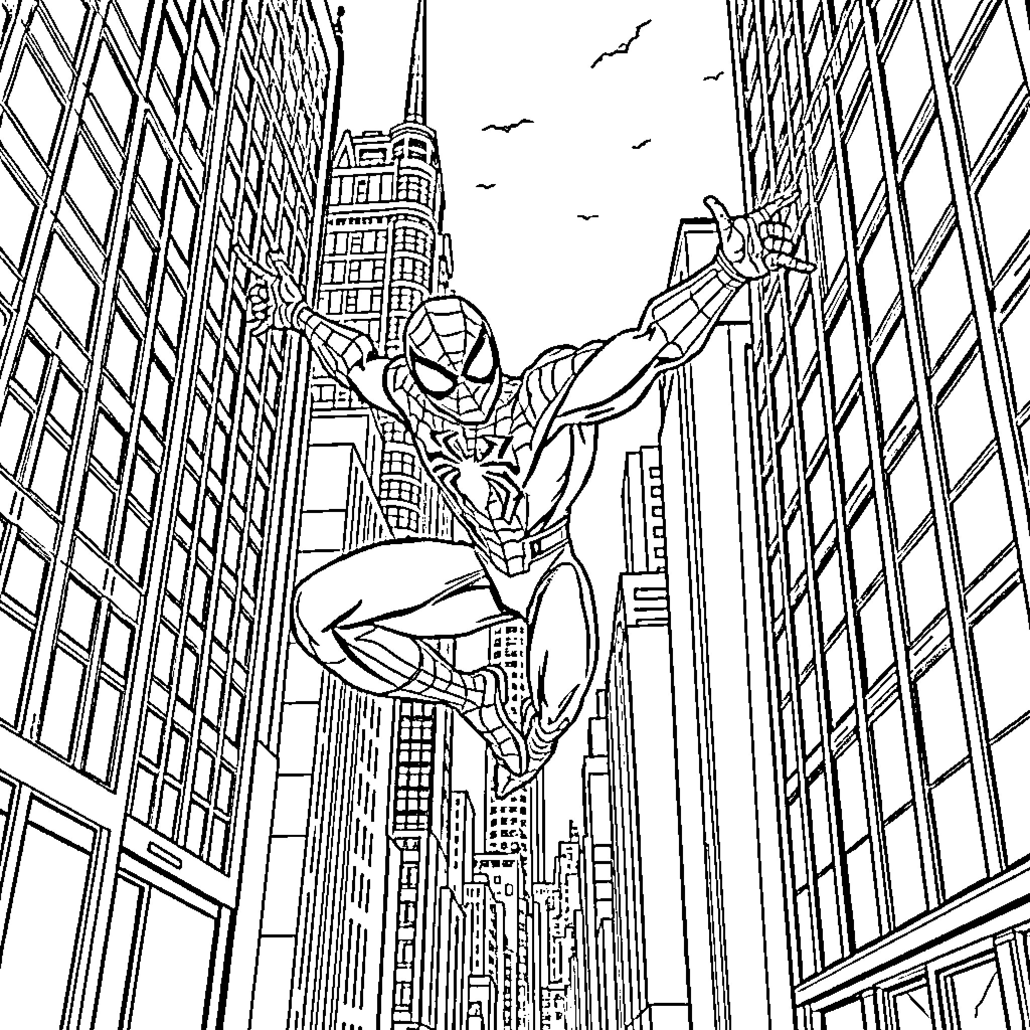 Spider-Man swinging through the city skyscrapers Coloring Page (free black-and-white line drawing printable PDF for all, from beginners to advanced learners, including children, teens, adults, and seniors)