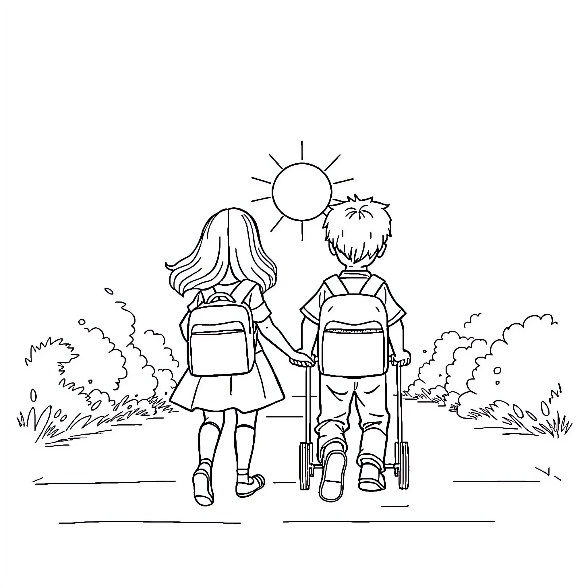 Child friends walking together to school Coloring Page (free black-and-white line drawing printable PDF for all, from beginners to advanced learners, including children, teens, adults, and seniors)