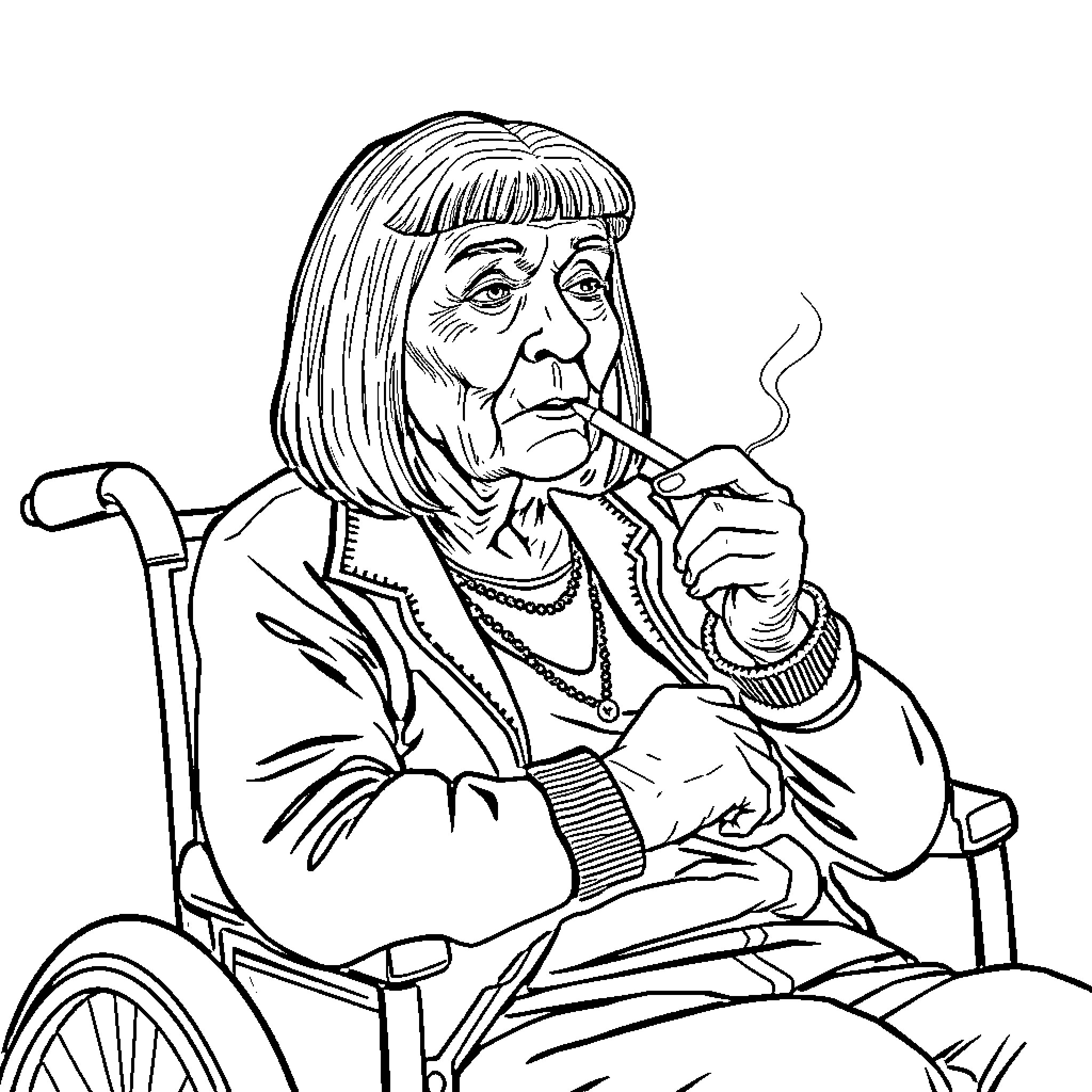 Old Lady in Wheelchair Smoking Cigarette Coloring Page (free black-and-white line drawing printable PDF for all, from beginners to advanced learners, including children, teens, adults, and seniors)