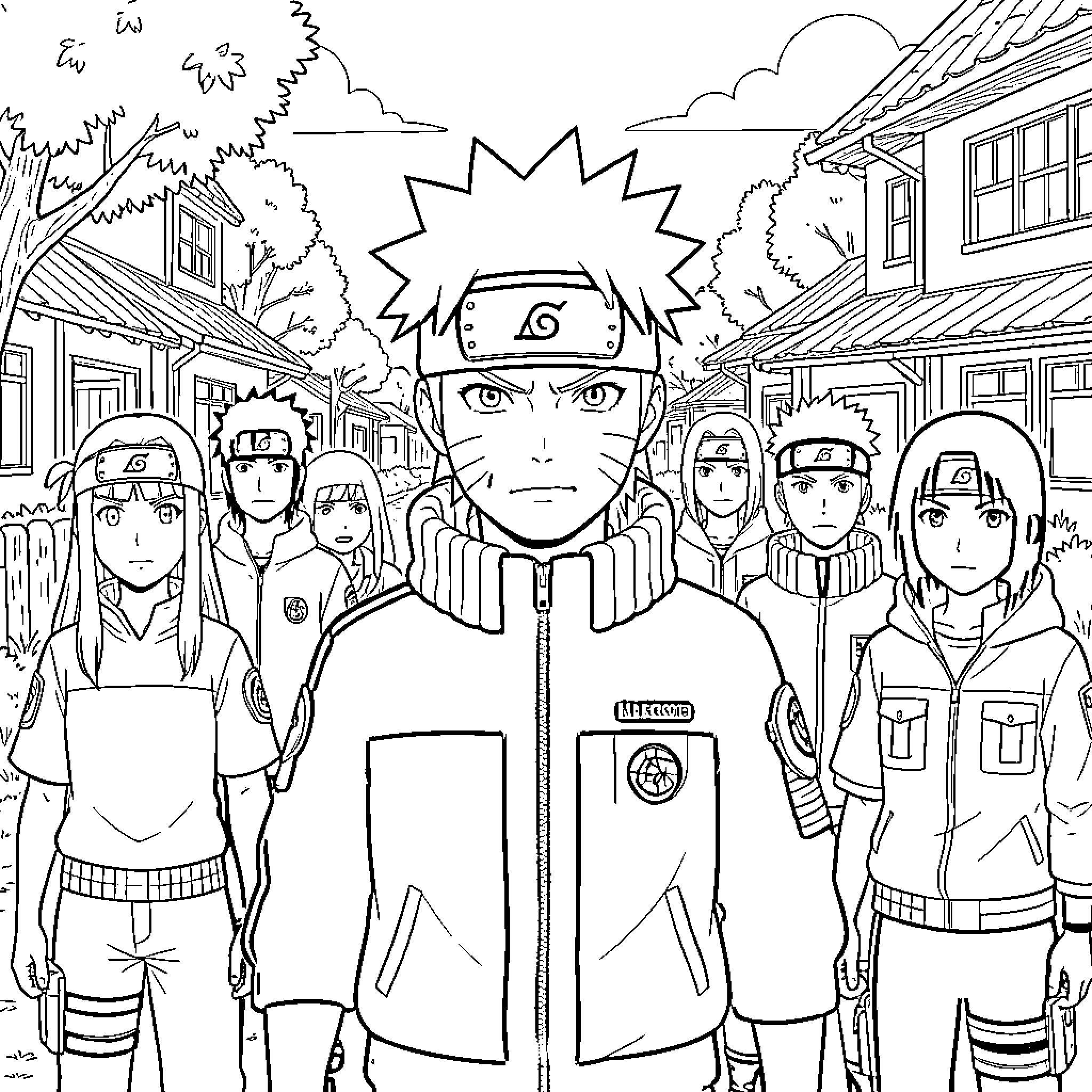 Naruto and his friends standing together in a village Coloring Page (free black-and-white line drawing printable PDF for all, from beginners to advanced learners, including children, teens, adults, and seniors)