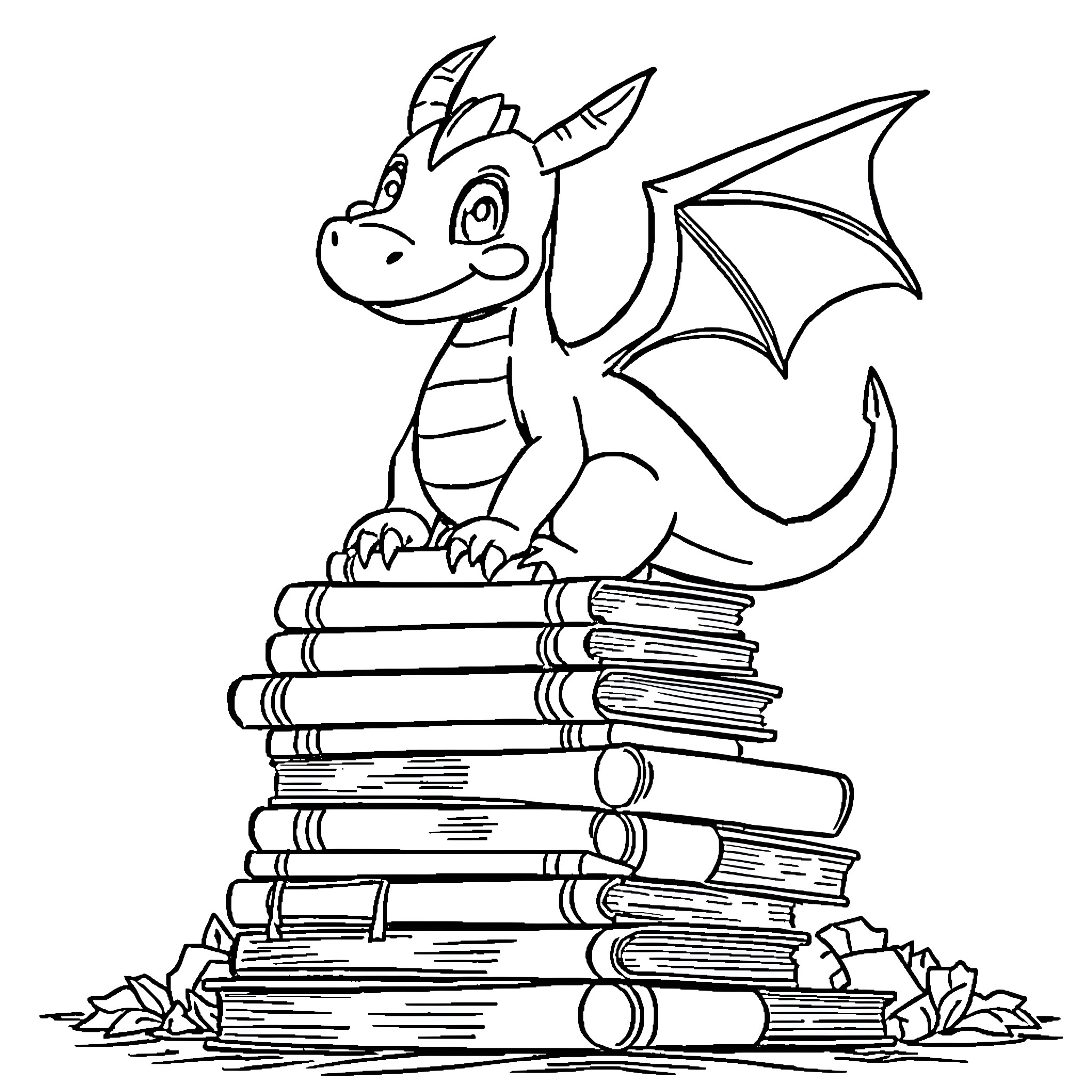 Dragon perched atop a pile of books Coloring Page (free black-and-white line drawing printable PDF for all, from beginners to advanced learners, including children, teens, adults, and seniors)