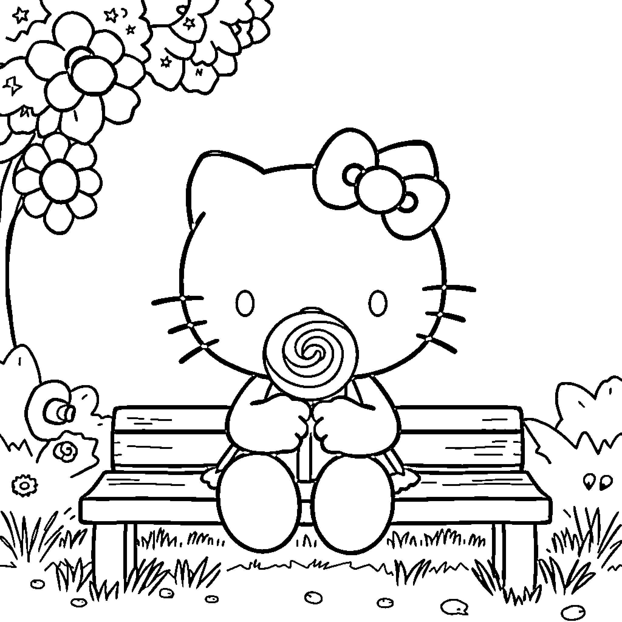 Hello Kitty sitting on a bench in the park Coloring Page (free black-and-white line drawing printable PDF for all, from beginners to advanced learners, including children, teens, adults, and seniors)