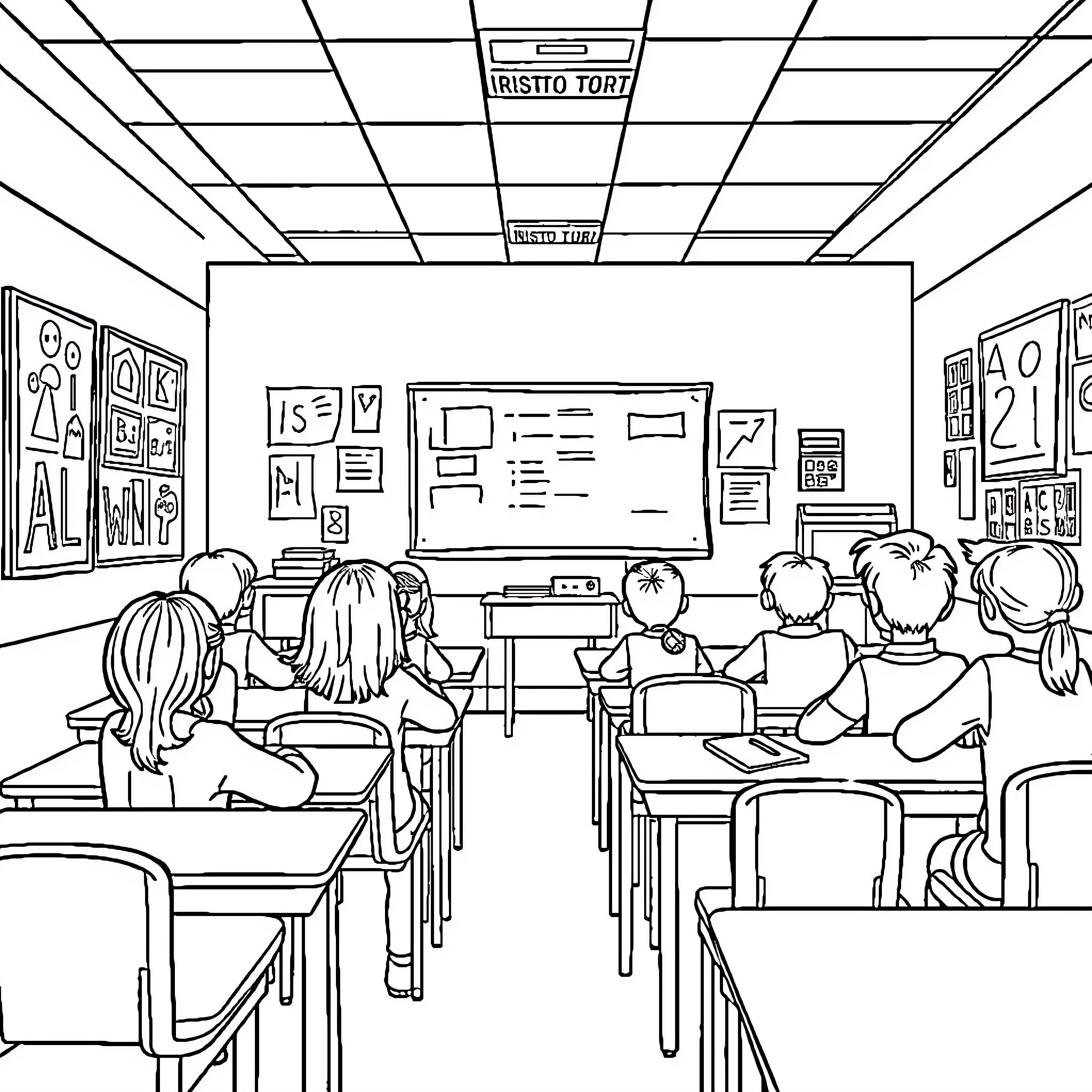 Students in classroom learning and studying Coloring Page (free black-and-white line drawing printable PDF for all, from beginners to advanced learners, including children, teens, adults, and seniors)