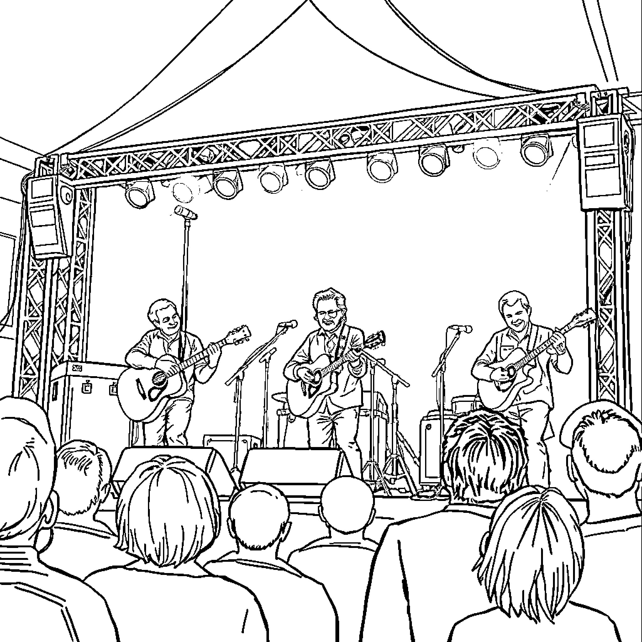 Del McCoury Band Performing on Stage Coloring Page (free black-and-white line drawing printable PDF for all, from beginners to advanced learners, including children, teens, adults, and seniors)