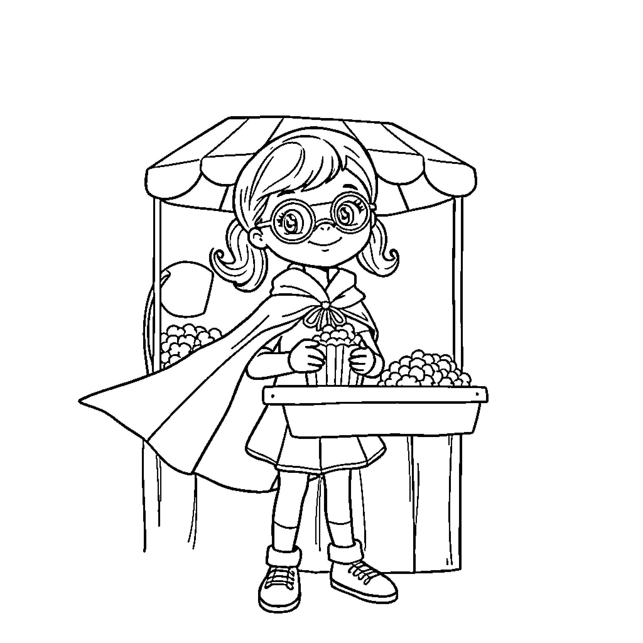 Girl Selling Flowers in a Stall Coloring Page (free black-and-white line drawing printable PDF for all, from beginners to advanced learners, including children, teens, adults, and seniors)