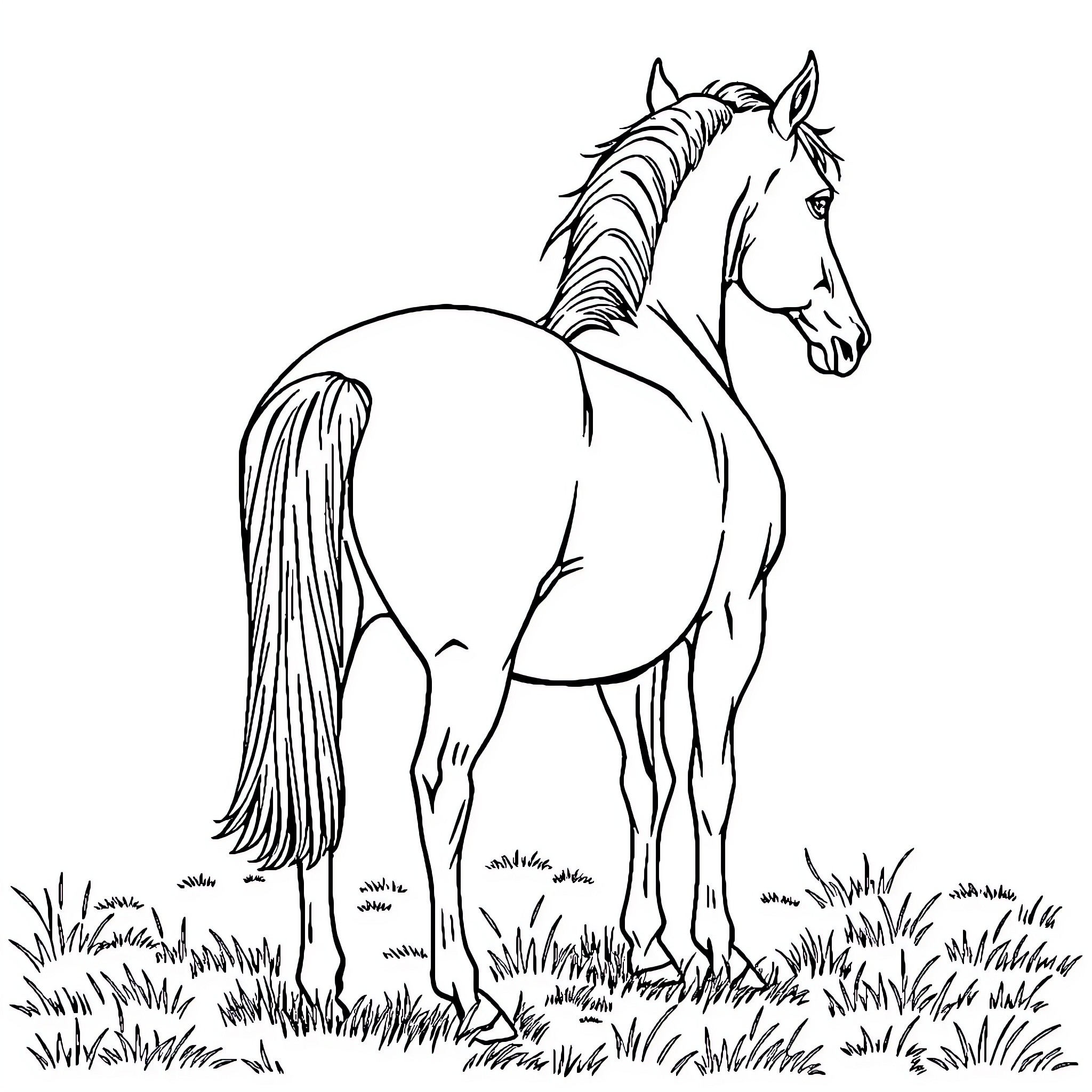 Horse standing proudly in a grassy field Coloring Page (free black-and-white line drawing printable PDF for all, from beginners to advanced learners, including children, teens, adults, and seniors)