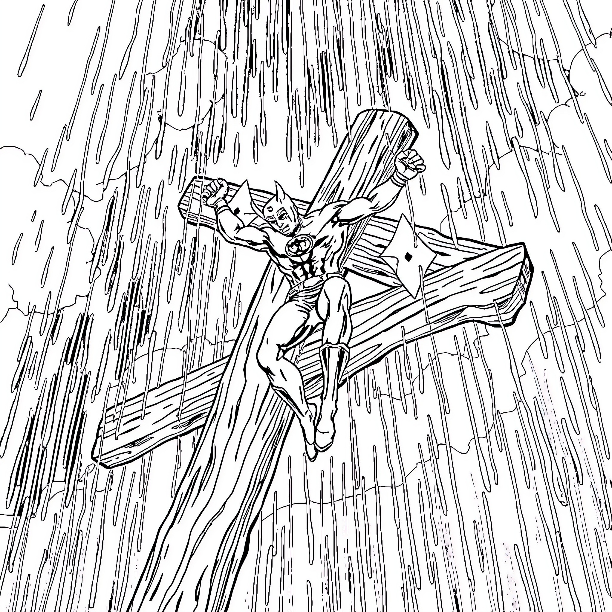 Daredevil soaring through raging storm Coloring Page (free black-and-white line drawing printable PDF for all, from beginners to advanced learners, including children, teens, adults, and seniors)