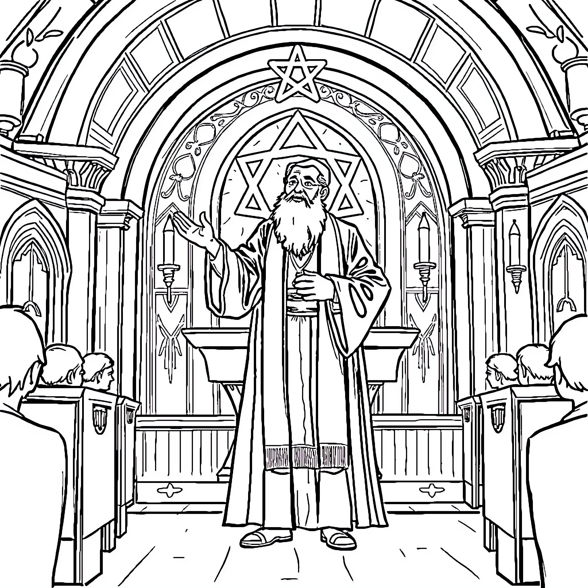 Rabbi leading worship in ornate synagogue Coloring Page (free black-and-white line drawing printable PDF for all, from beginners to advanced learners, including children, teens, adults, and seniors)