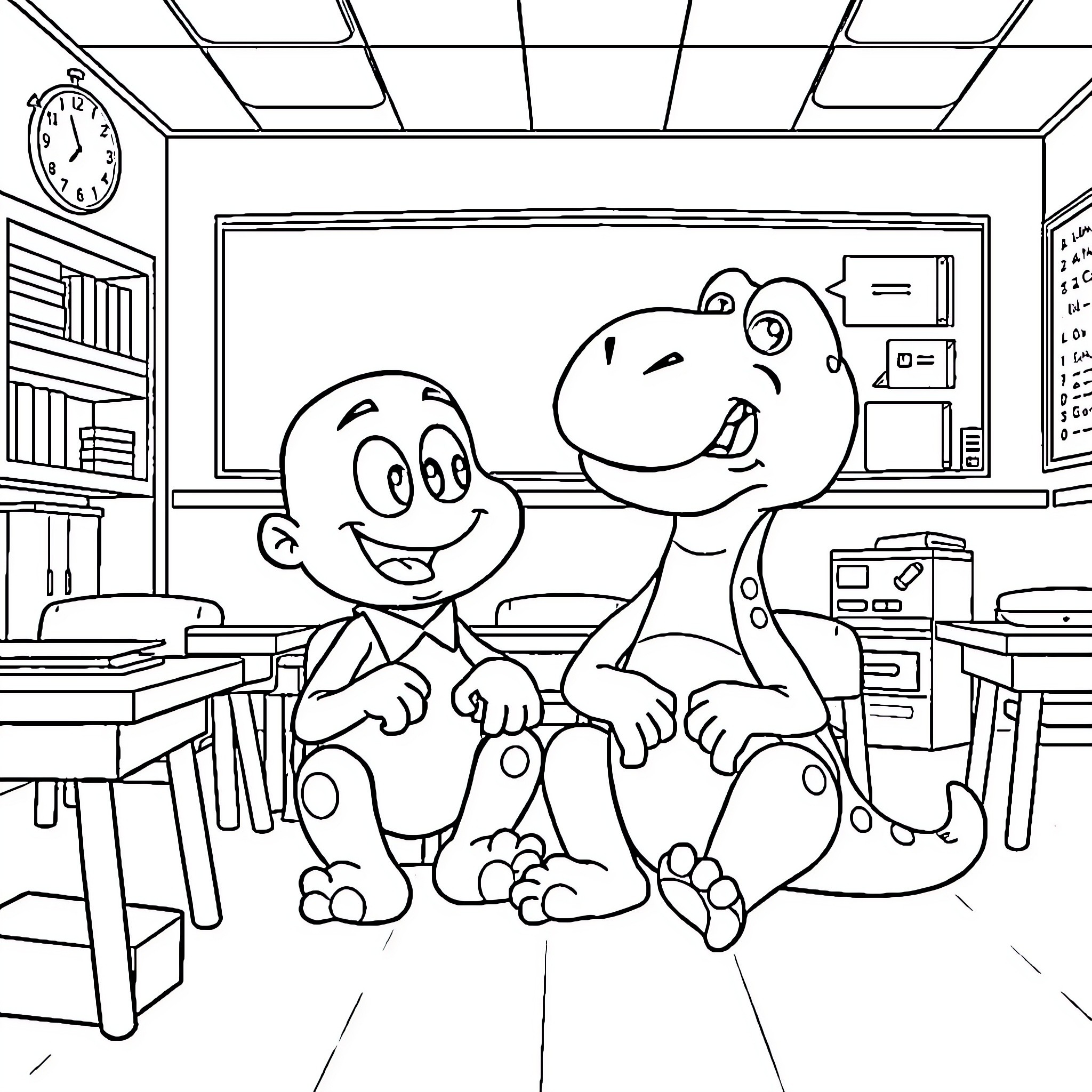 Gumball characters in a classroom setting Coloring Page (free black-and-white line drawing printable PDF for all, from beginners to advanced learners, including children, teens, adults, and seniors)