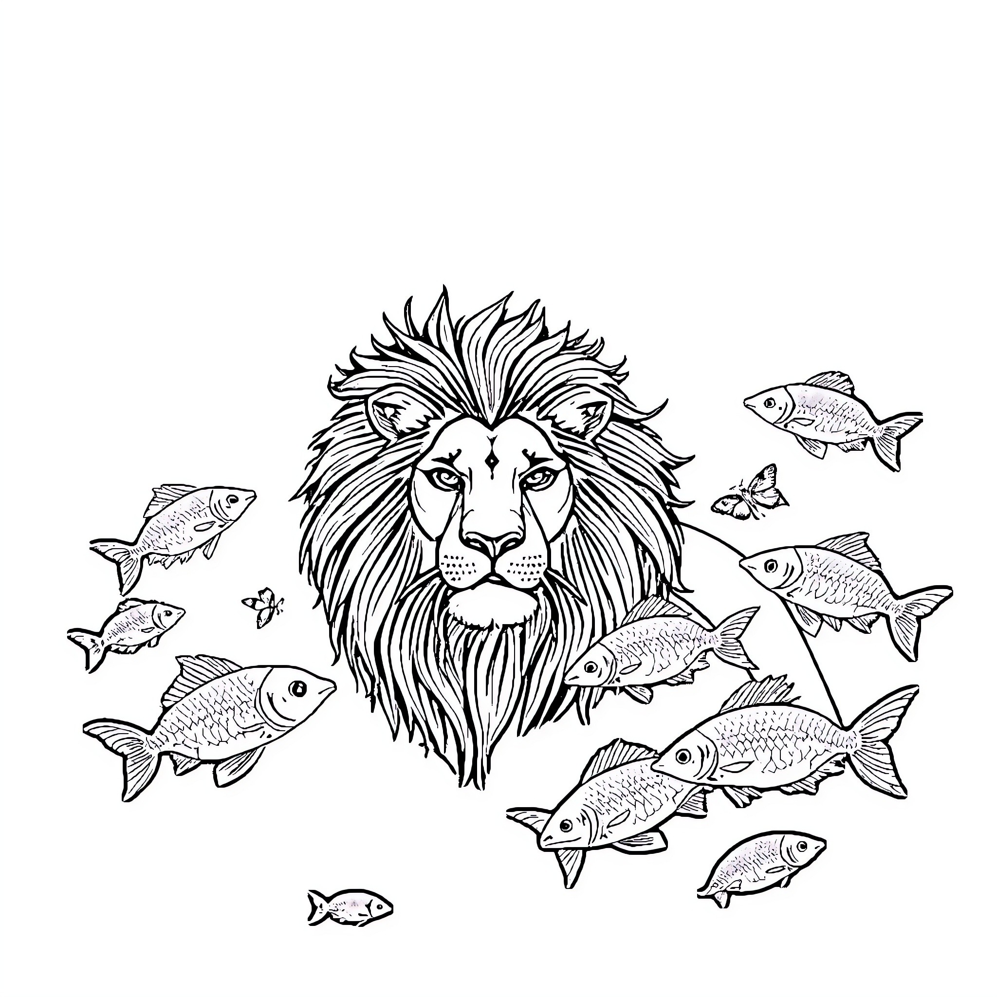 Lion surrounded by playful fish in tranquil waters Coloring Page (free black-and-white line drawing printable PDF for all, from beginners to advanced learners, including children, teens, adults, and seniors)