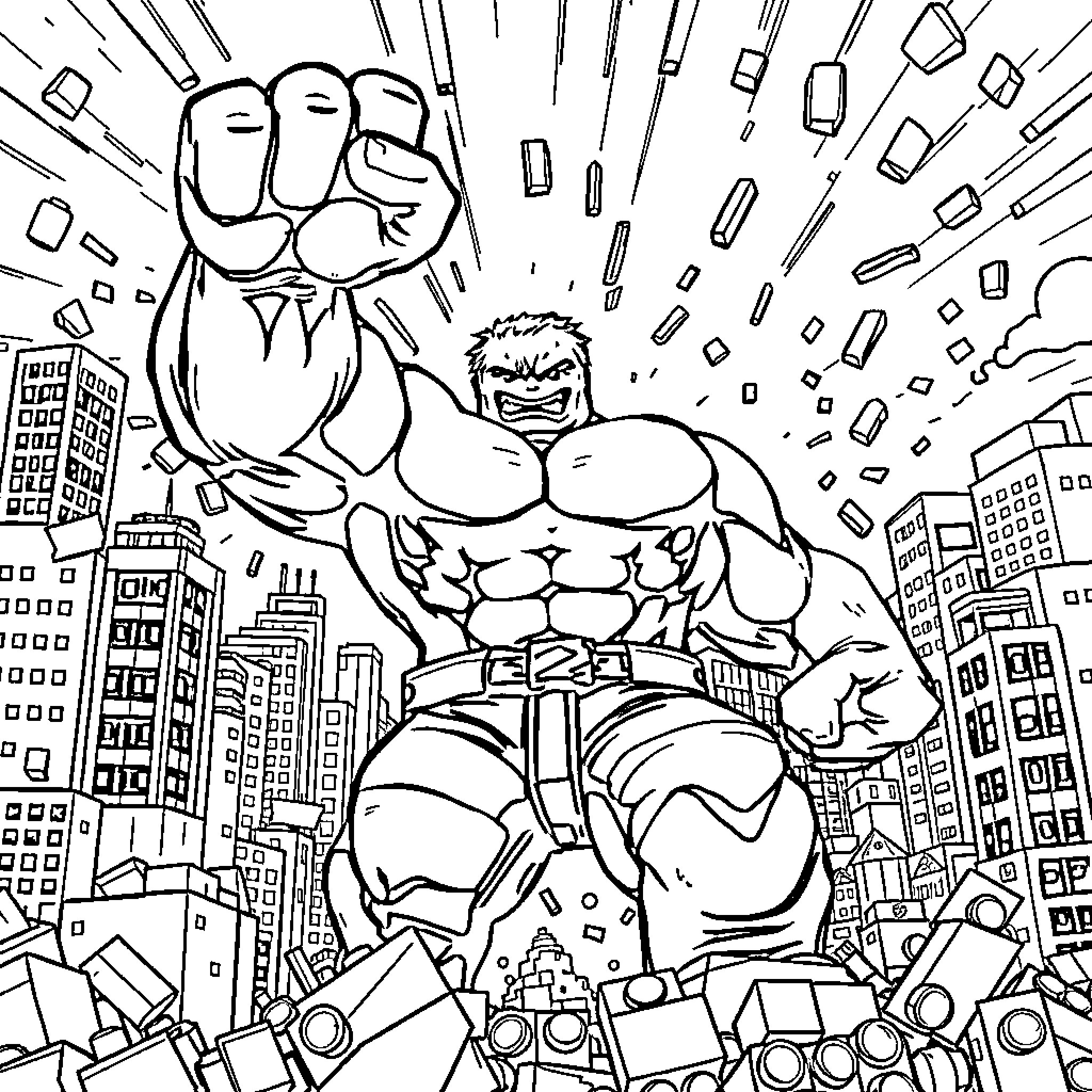 Hulk Smashing Through the City Coloring Page (free black-and-white line drawing printable PDF for all, from beginners to advanced learners, including children, teens, adults, and seniors)