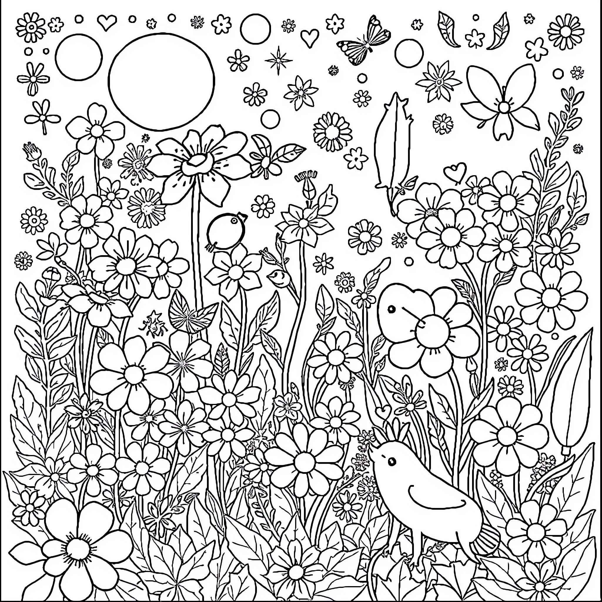 Dandy Garden of Flowers and Butterflies Coloring Page (free black-and-white line drawing printable PDF for all, from beginners to advanced learners, including children, teens, adults, and seniors)