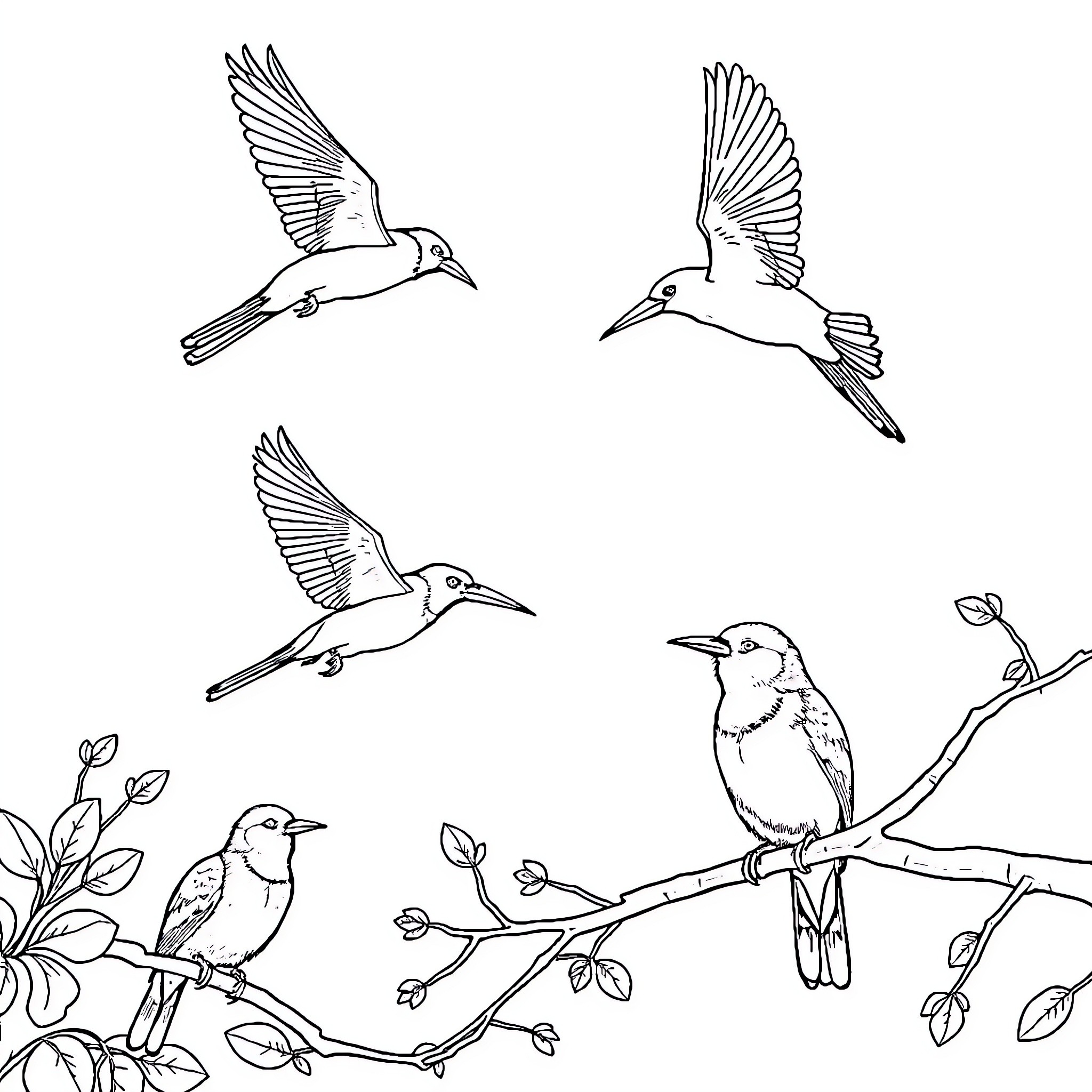 Birds in flight and on branches Coloring Page (free black-and-white line drawing printable PDF for all, from beginners to advanced learners, including children, teens, adults, and seniors)