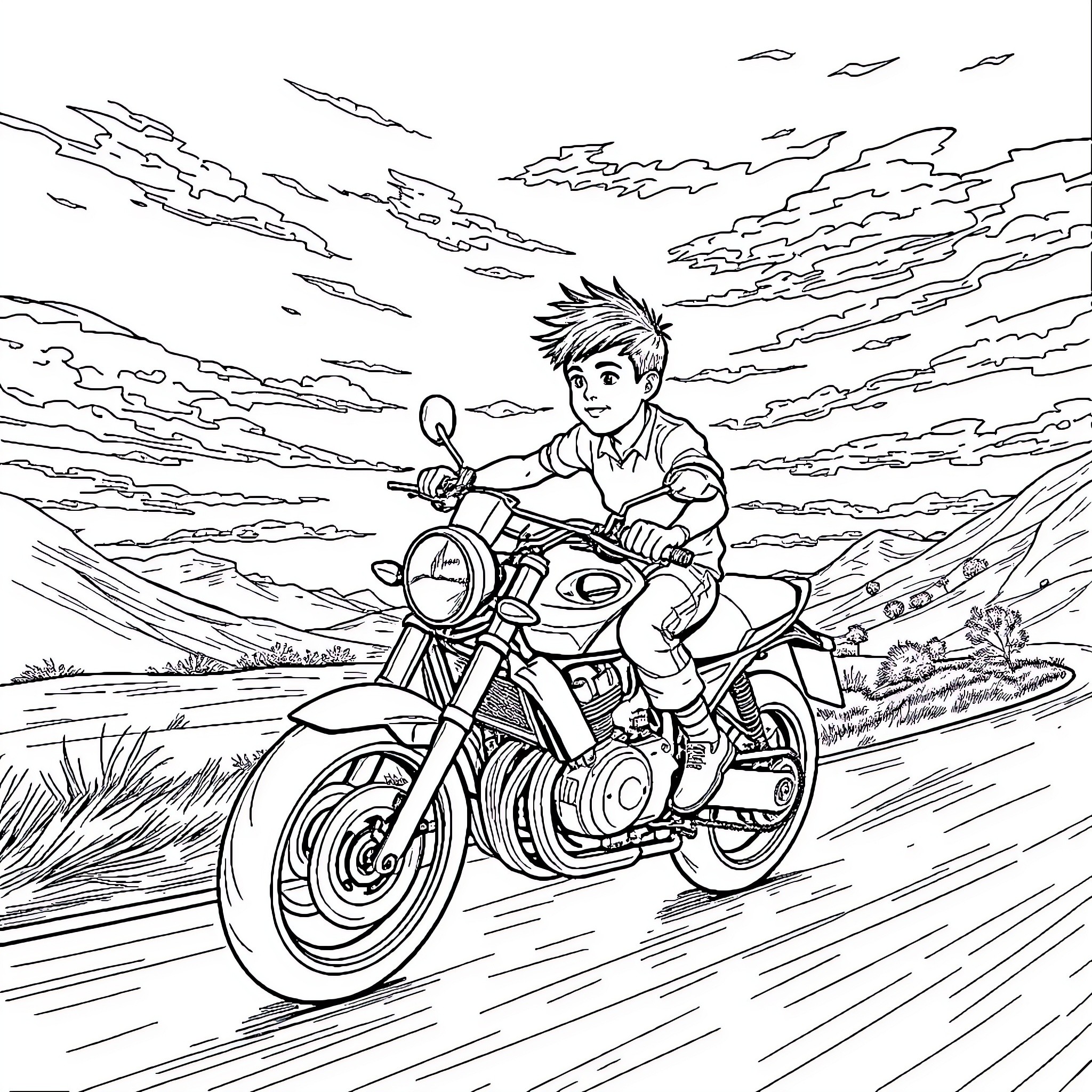 Book of a Boy Riding a Motorcycle on the Road Coloring Page (free black-and-white line drawing printable PDF for all, from beginners to advanced learners, including children, teens, adults, and seniors)