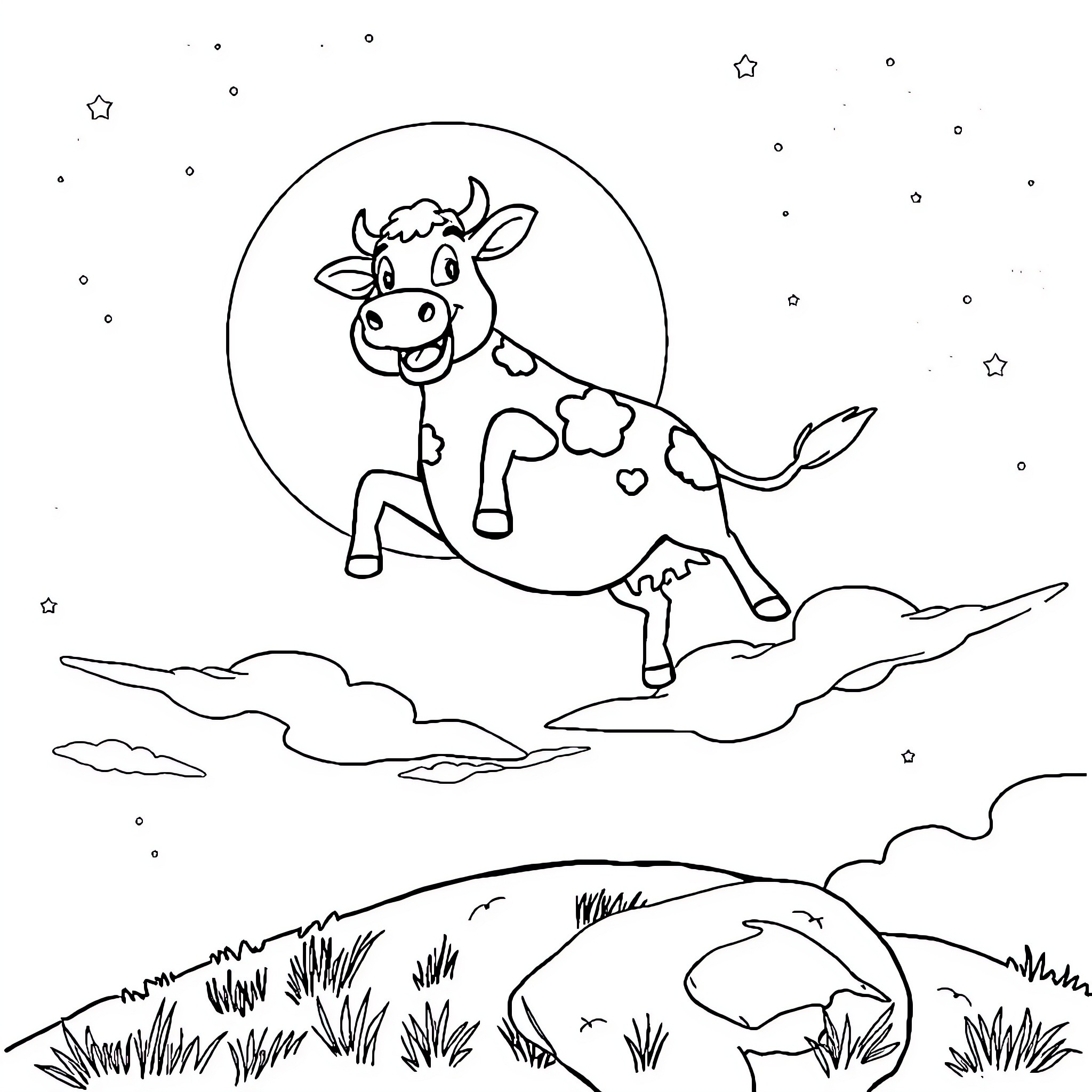 Cow playfully jumping under the starry night sky Coloring Page (free black-and-white line drawing printable PDF for all, from beginners to advanced learners, including children, teens, adults, and seniors)