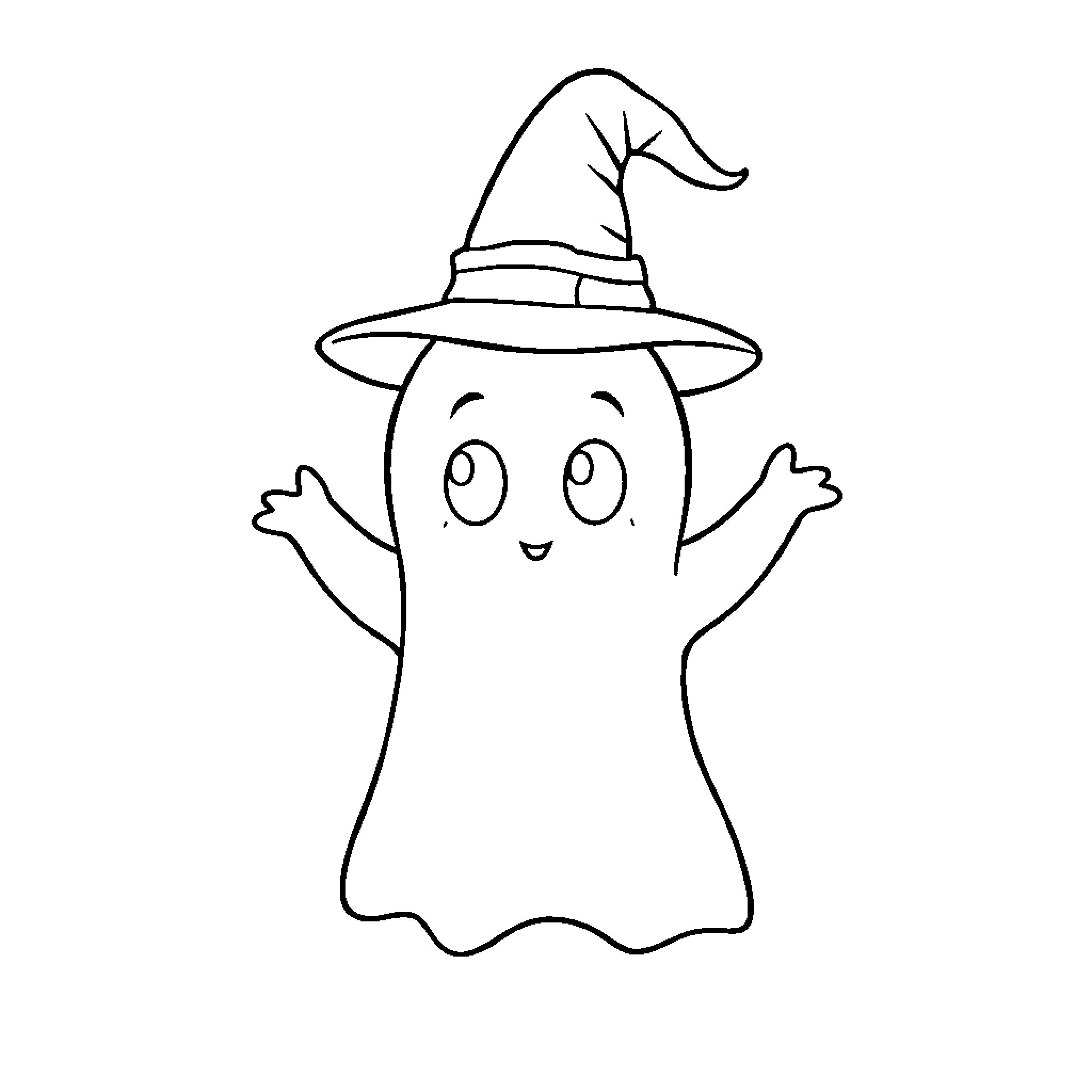 Ghost wearing a whimsical witch hat Coloring Page (free black-and-white line drawing printable PDF for all, from beginners to advanced learners, including children, teens, adults, and seniors)
